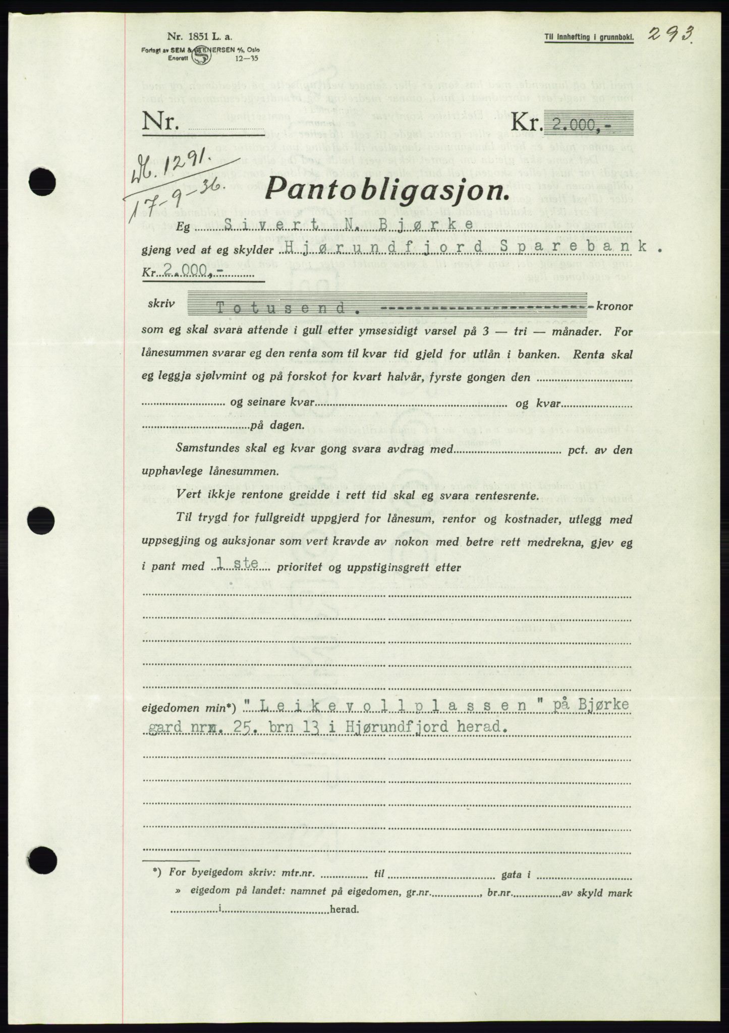 Søre Sunnmøre sorenskriveri, SAT/A-4122/1/2/2C/L0061: Pantebok nr. 55, 1936-1936, Dagboknr: 1291/1936