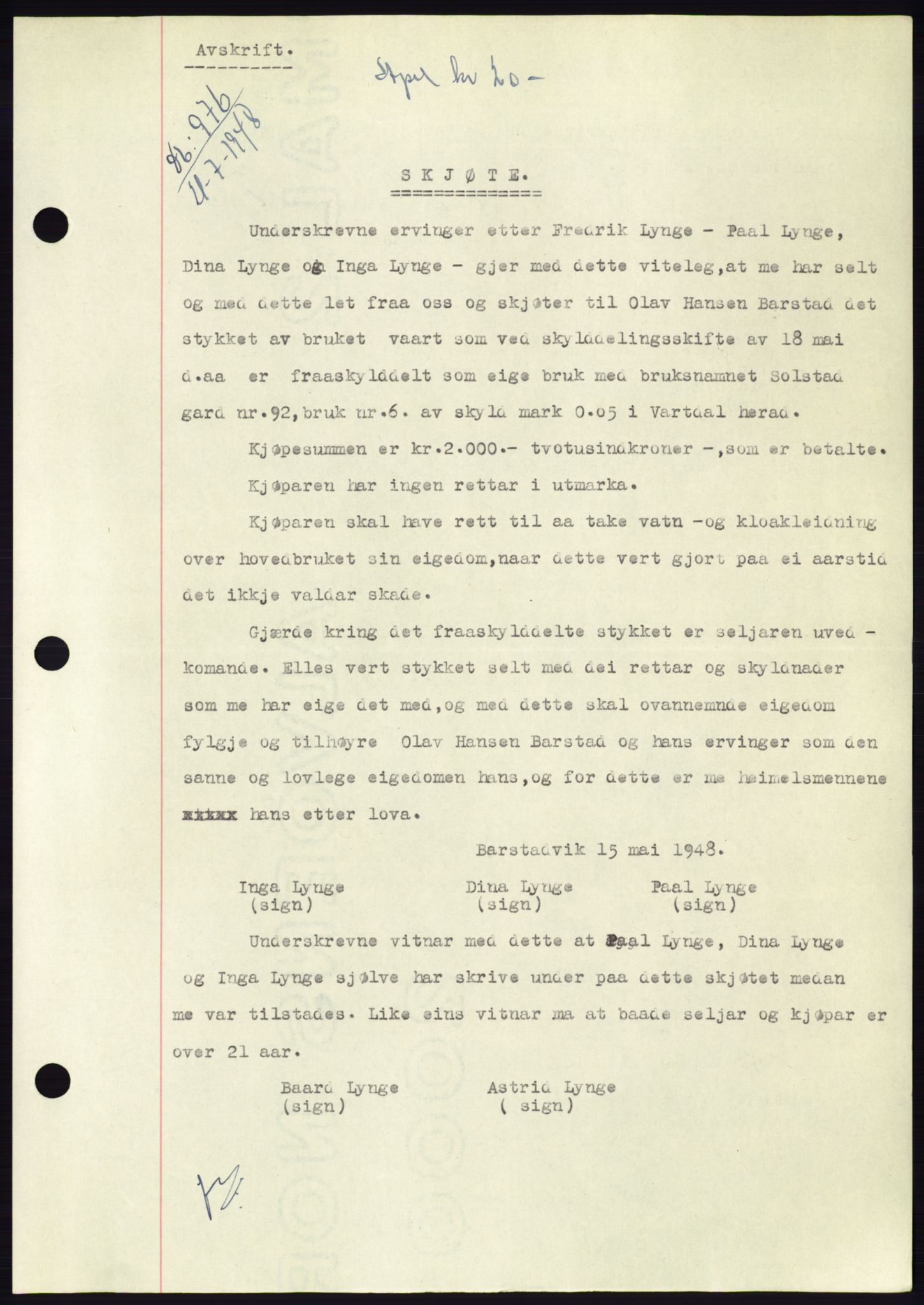 Søre Sunnmøre sorenskriveri, SAT/A-4122/1/2/2C/L0082: Pantebok nr. 8A, 1948-1948, Dagboknr: 976/1948