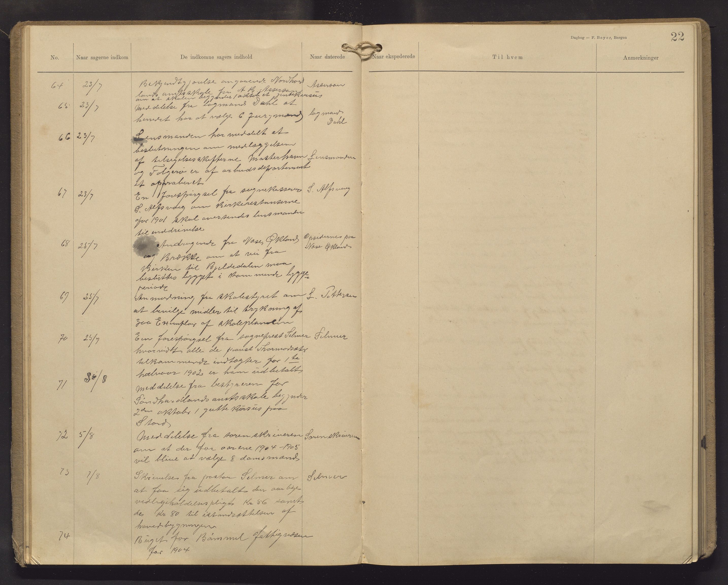 Finnaas kommune. Formannskapet, IKAH/1218a-021/C/Ca/L0003: Postjournal for formannskapet, 1902-1914, s. 22