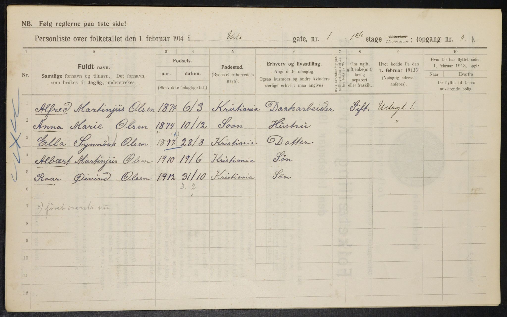 OBA, Kommunal folketelling 1.2.1914 for Kristiania, 1914, s. 121573