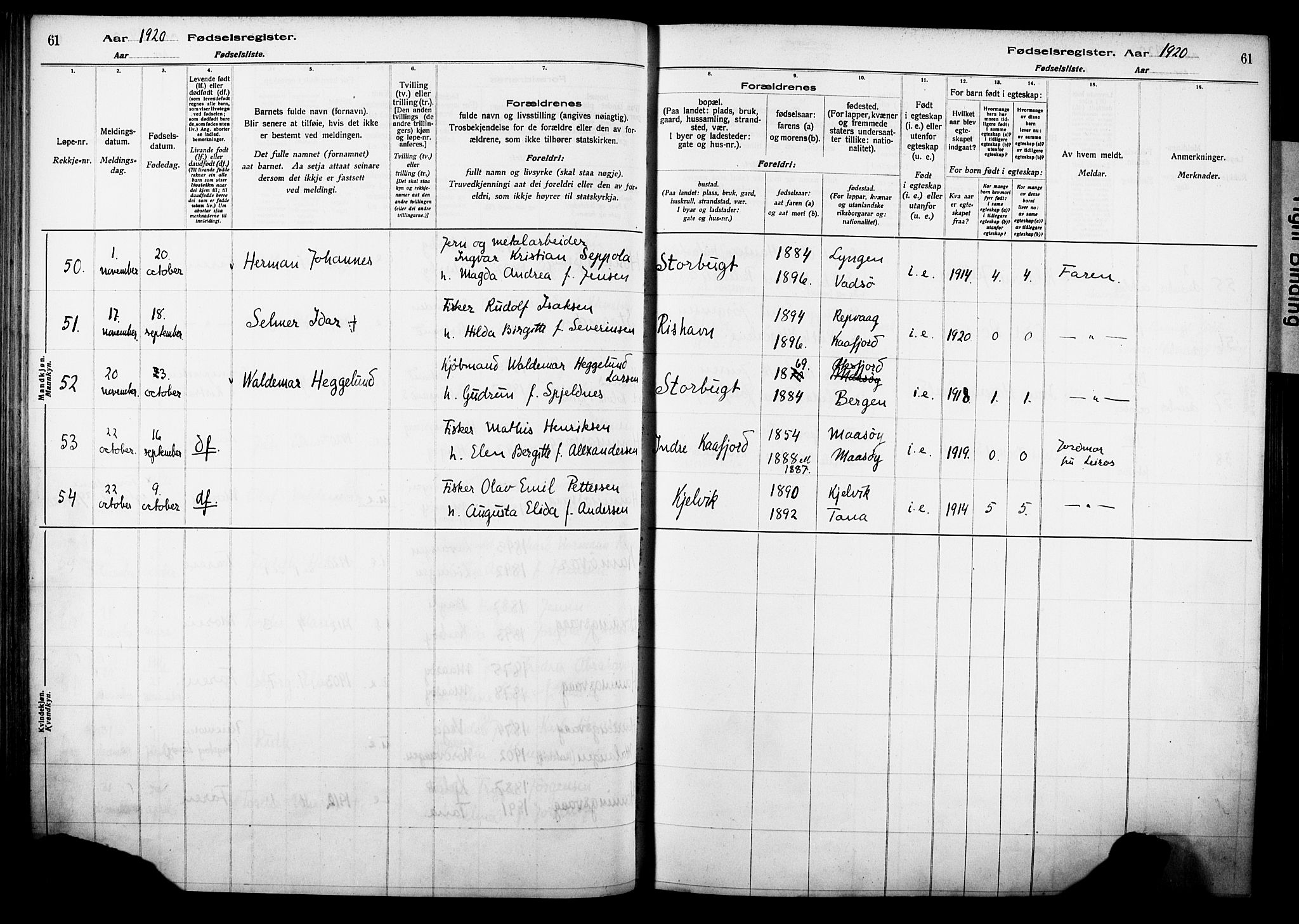 Kjelvik/Nordkapp sokneprestkontor, AV/SATØ-S-1350/I/Ia/L0015: Fødselsregister nr. 15, 1916-1930, s. 61