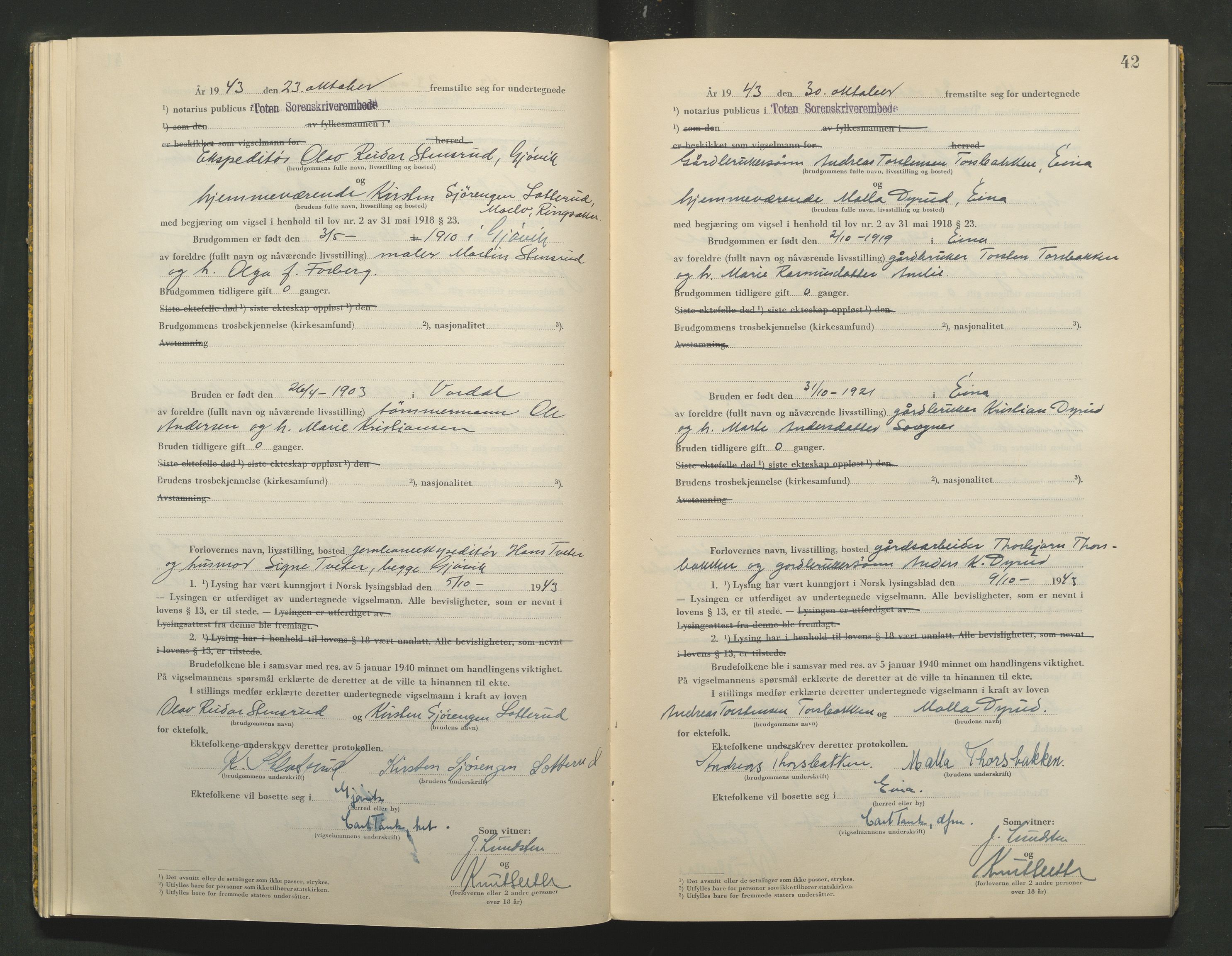Toten tingrett, AV/SAH-TING-006/L/Lc/L0003: Vigselbok, 1943-1944, s. 42