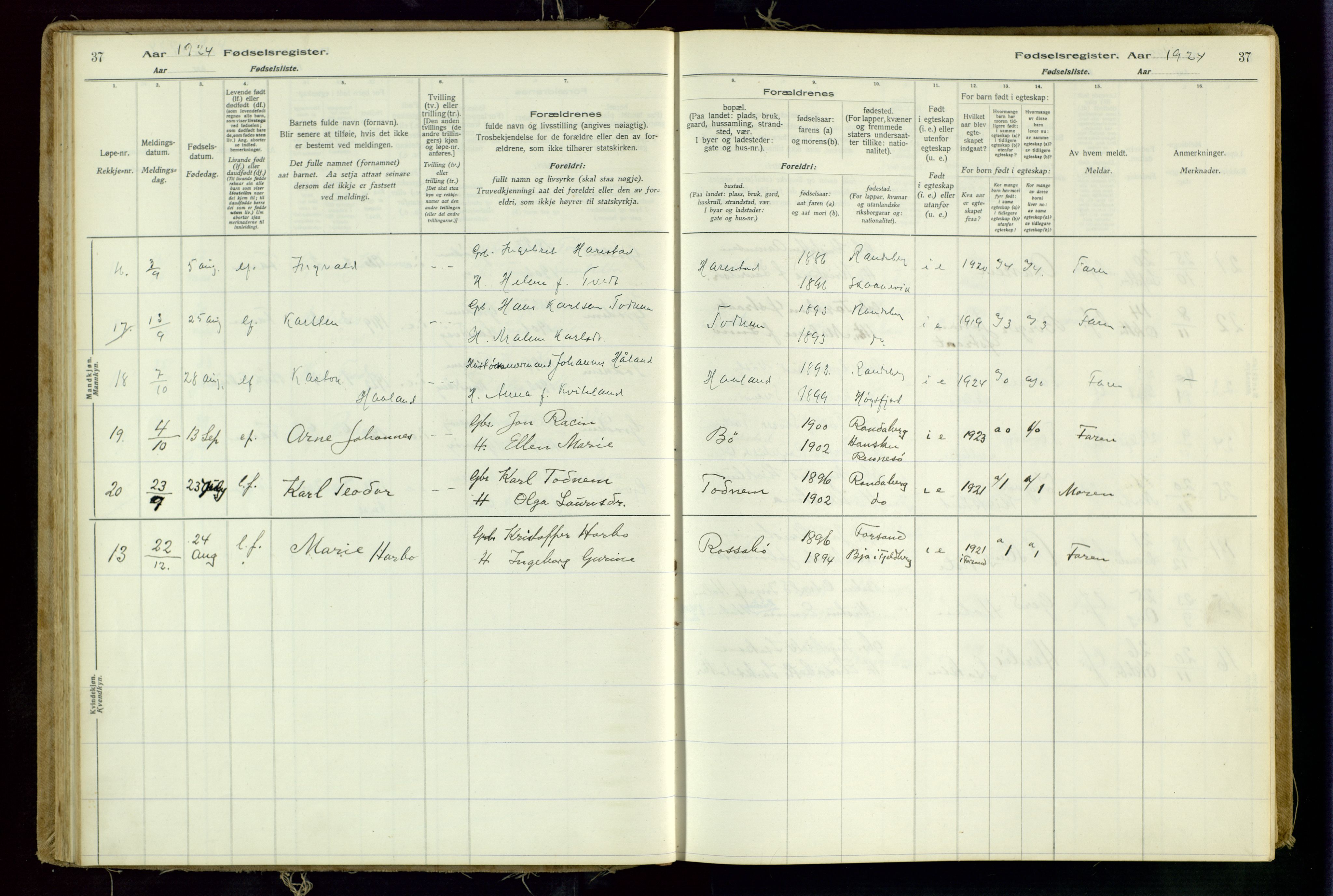 Hetland sokneprestkontor, AV/SAST-A-101826/70/704BA/L0001: Fødselsregister nr. 1, 1916-1954, s. 37