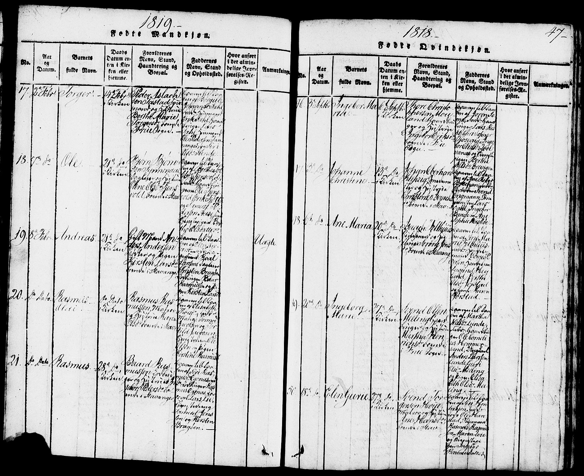 Domkirken sokneprestkontor, AV/SAST-A-101812/001/30/30BB/L0008: Klokkerbok nr. B 8, 1816-1821, s. 47