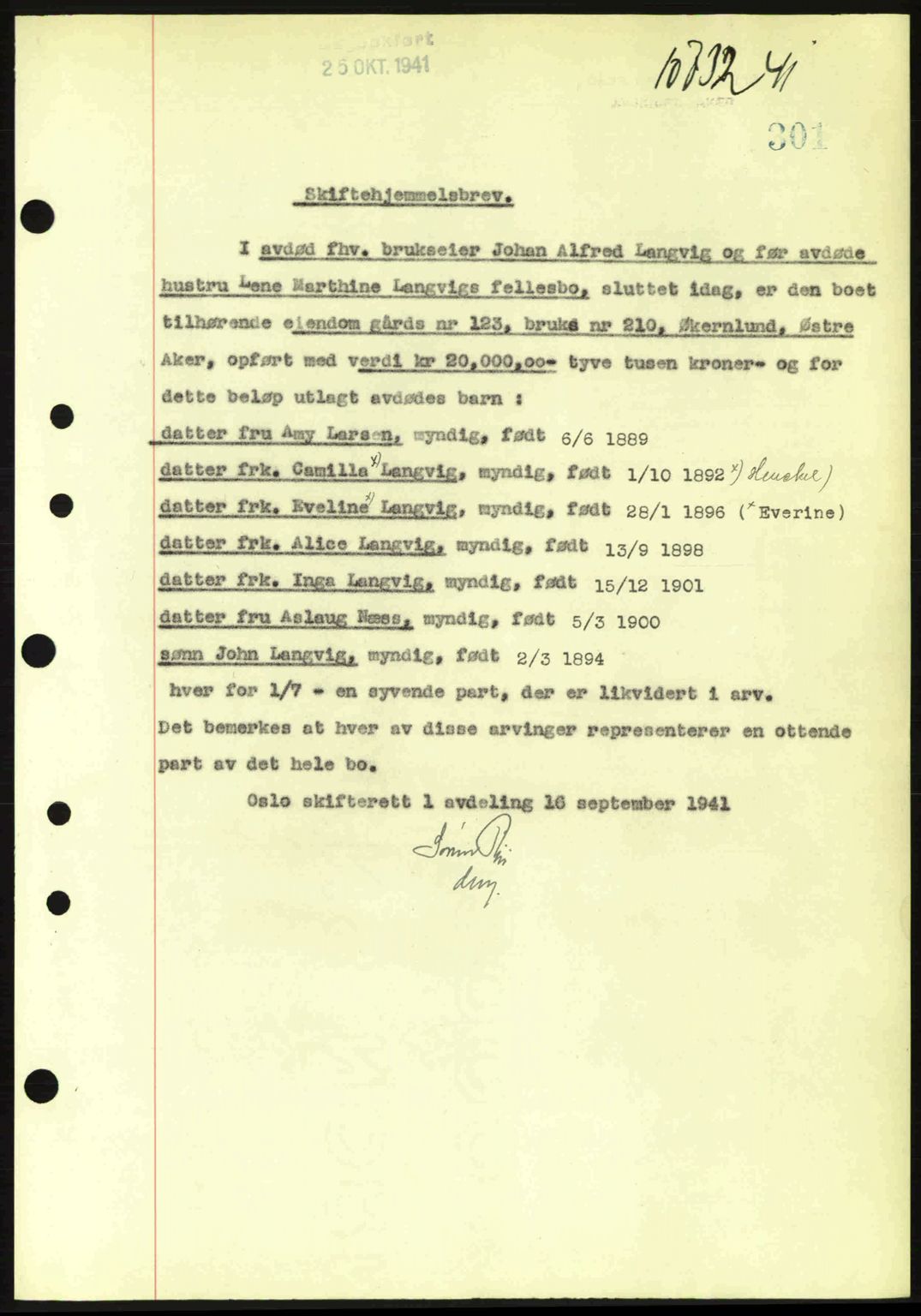 Aker herredsskriveri, AV/SAO-A-10896/G/Gb/Gba/Gbab/L0050: Pantebok nr. A174, 1941-1941, Dagboknr: 10732/1941