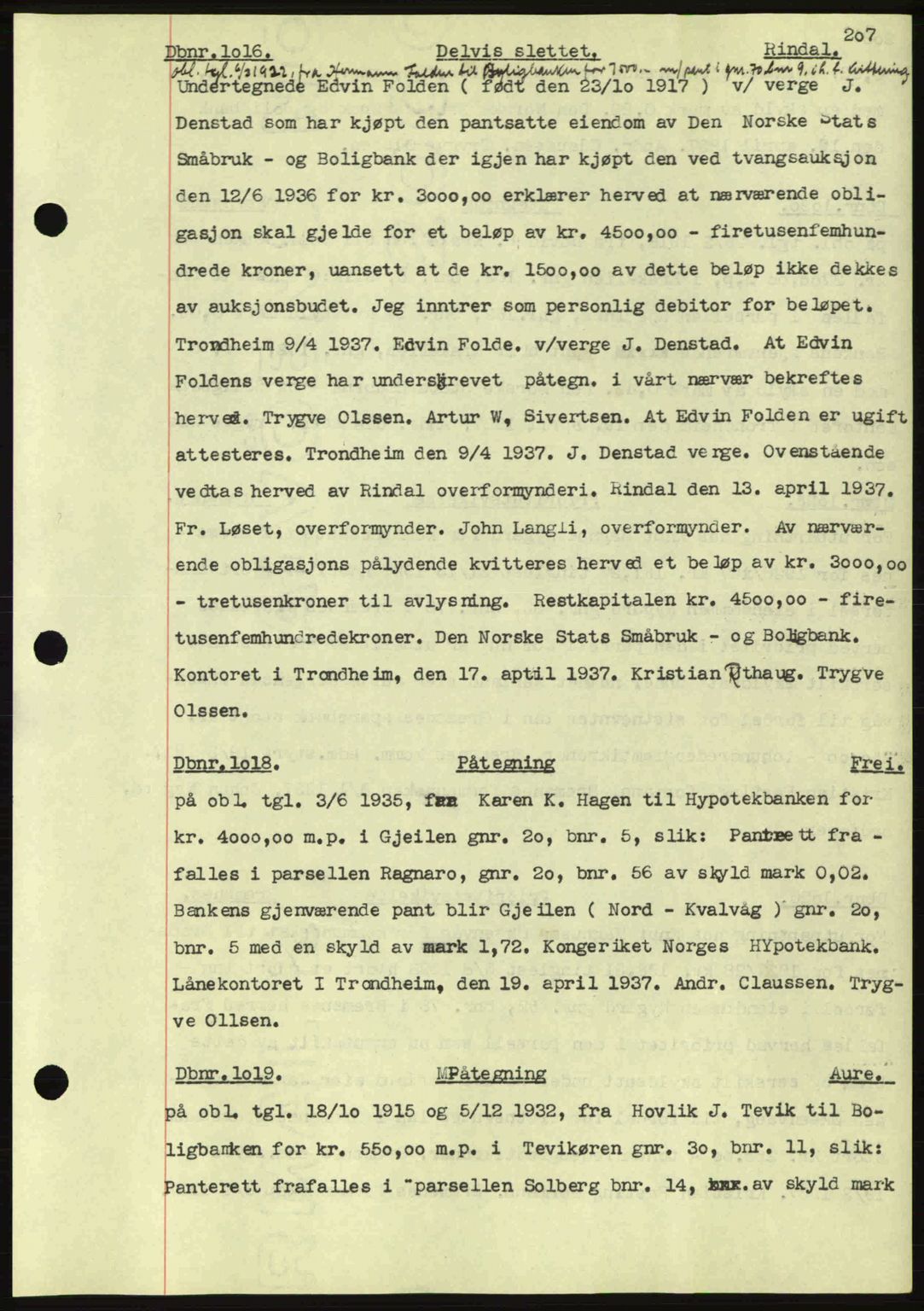 Nordmøre sorenskriveri, SAT/A-4132/1/2/2Ca: Pantebok nr. C80, 1936-1939, Dagboknr: 1016/1937