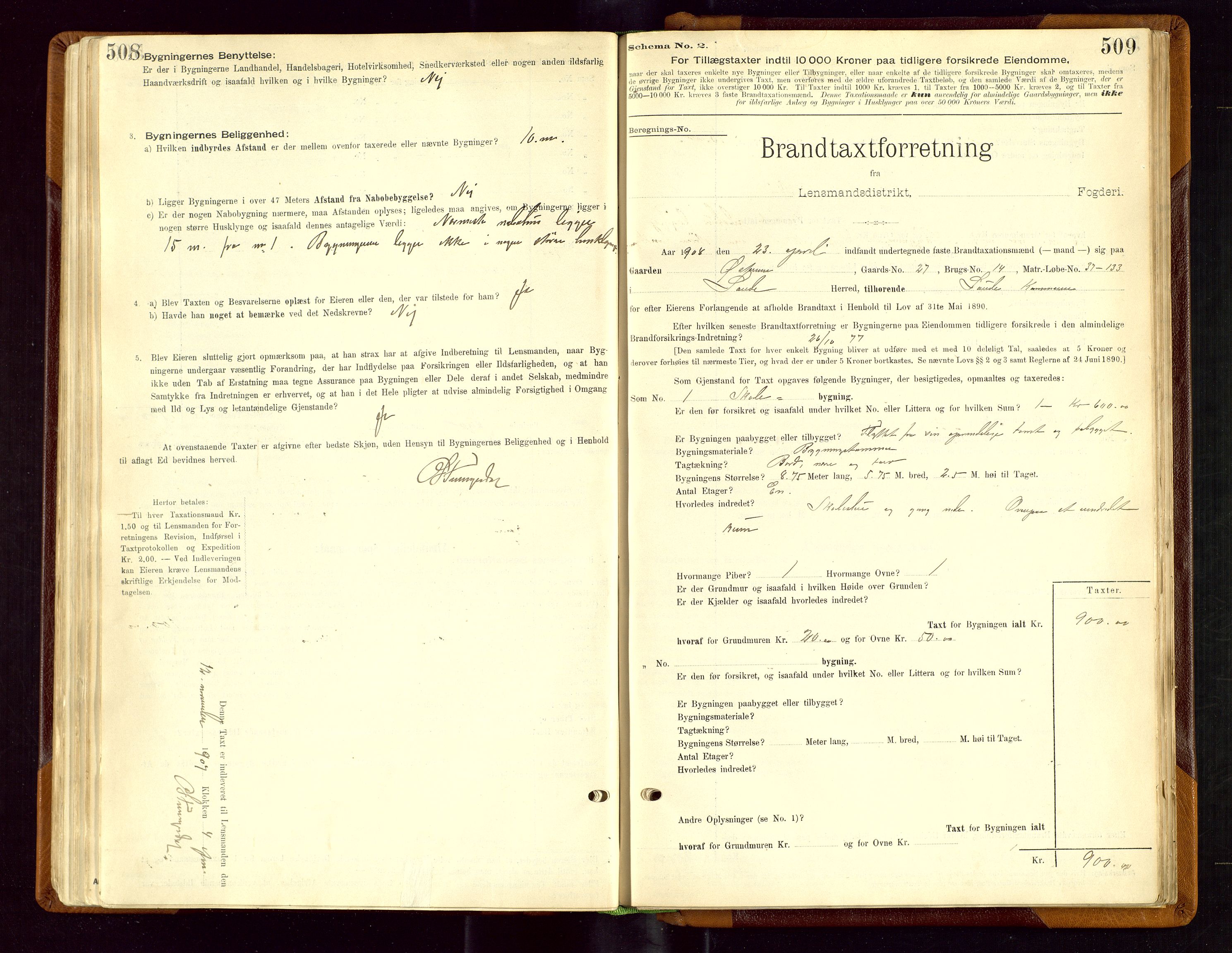 Sauda lensmannskontor, SAST/A-100177/Gob/L0001: Branntakstprotokoll - skjematakst, 1894-1914, s. 508-509