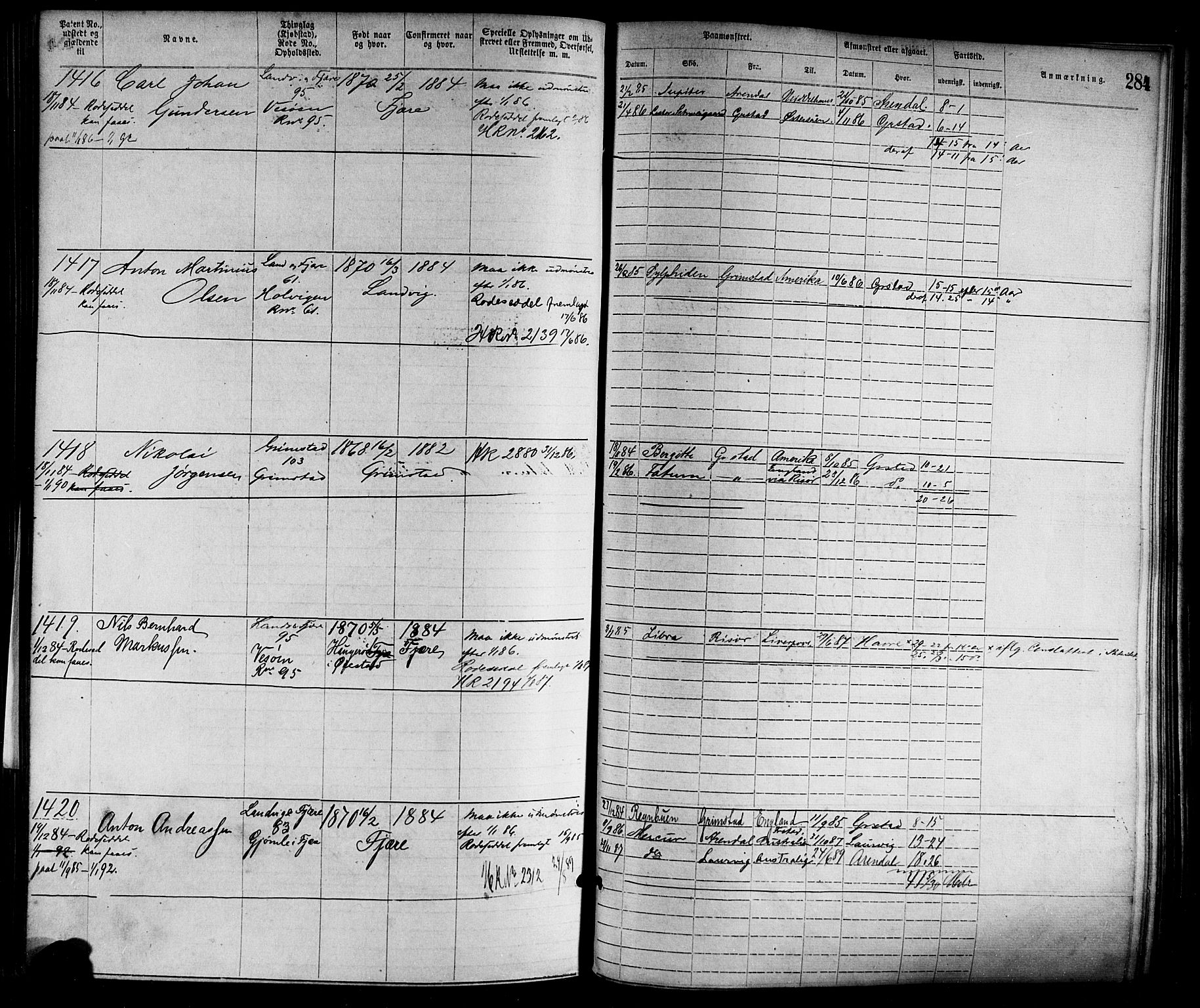 Grimstad mønstringskrets, AV/SAK-2031-0013/F/Fa/L0001: Annotasjonsrulle nr 1-1920 med register, F-1, 1870-1892, s. 316