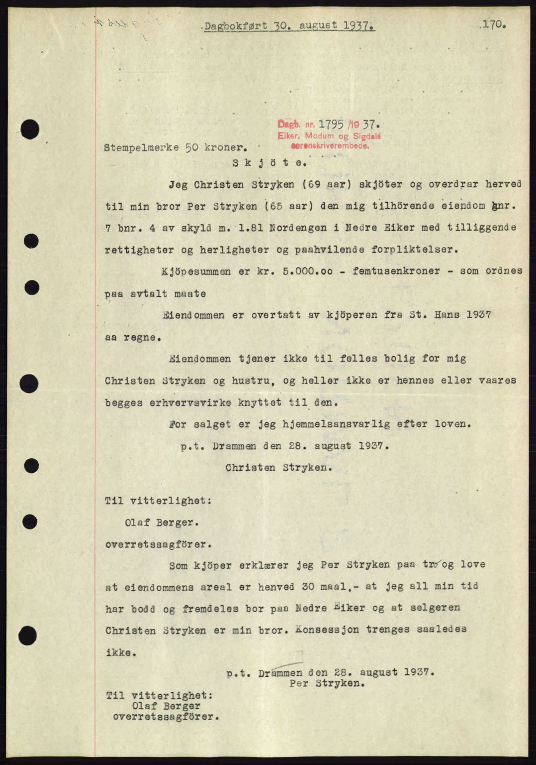 Eiker, Modum og Sigdal sorenskriveri, SAKO/A-123/G/Ga/Gab/L0036: Pantebok nr. A6, 1937-1937, Dagboknr: 1795/1937
