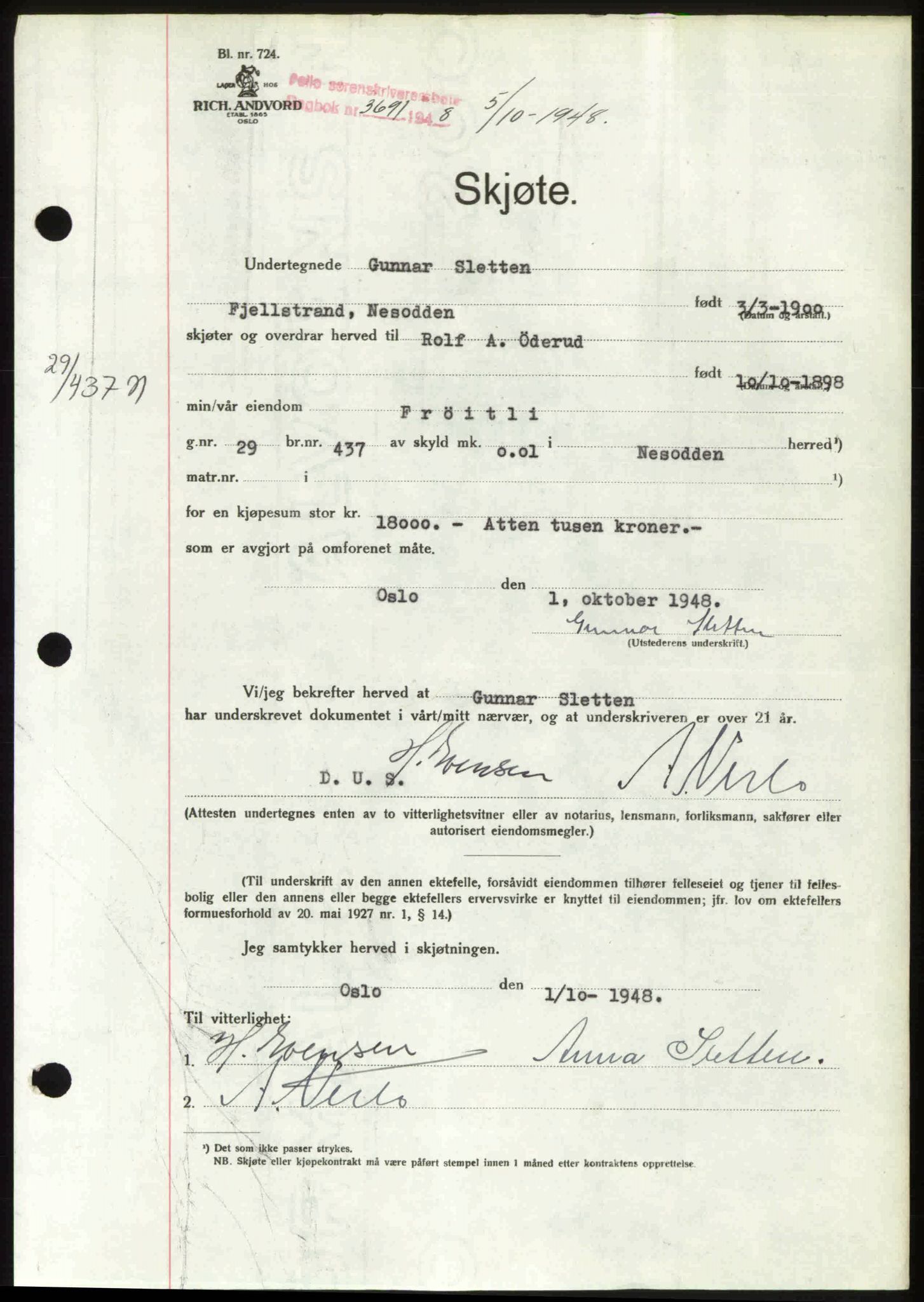 Follo sorenskriveri, SAO/A-10274/G/Ga/Gaa/L0085: Pantebok nr. I 85, 1948-1948, Dagboknr: 3691/1948