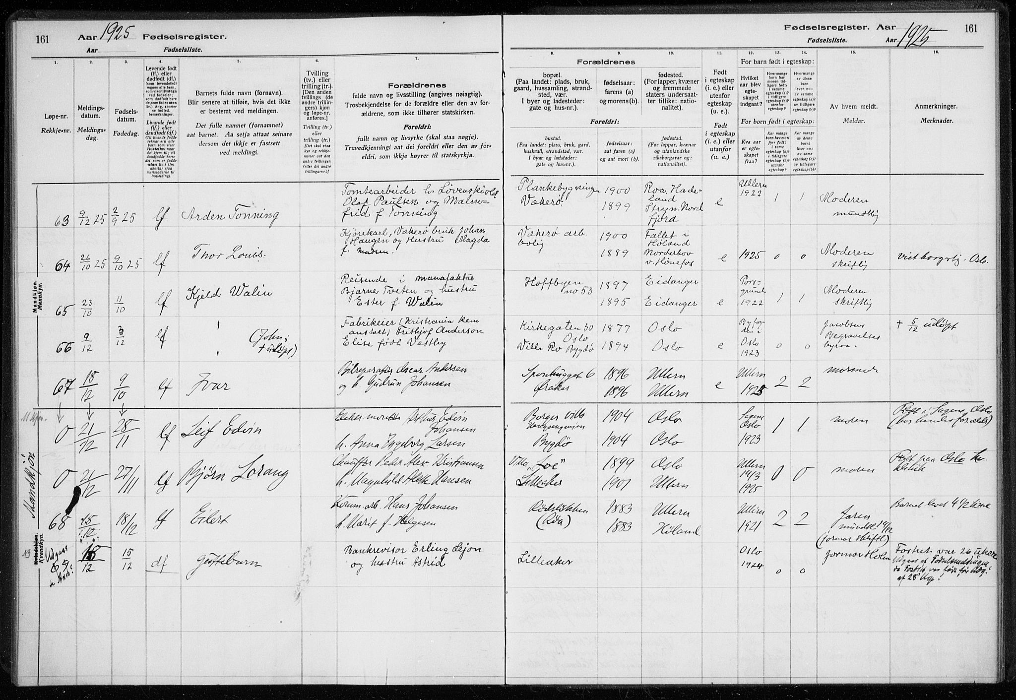 Ullern prestekontor Kirkebøker, AV/SAO-A-10740/J/L0001: Fødselsregister nr. 1, 1916-1928, s. 161