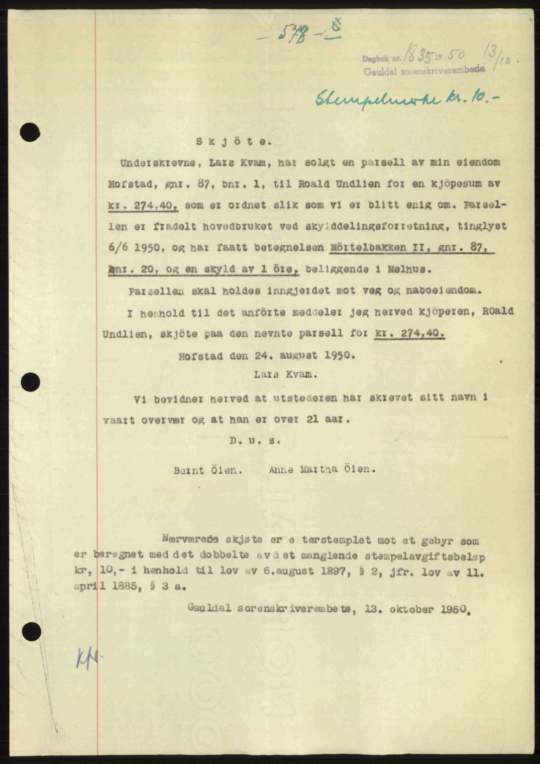 Gauldal sorenskriveri, SAT/A-0014/1/2/2C: Pantebok nr. A11, 1950-1950, Dagboknr: 1835/1950