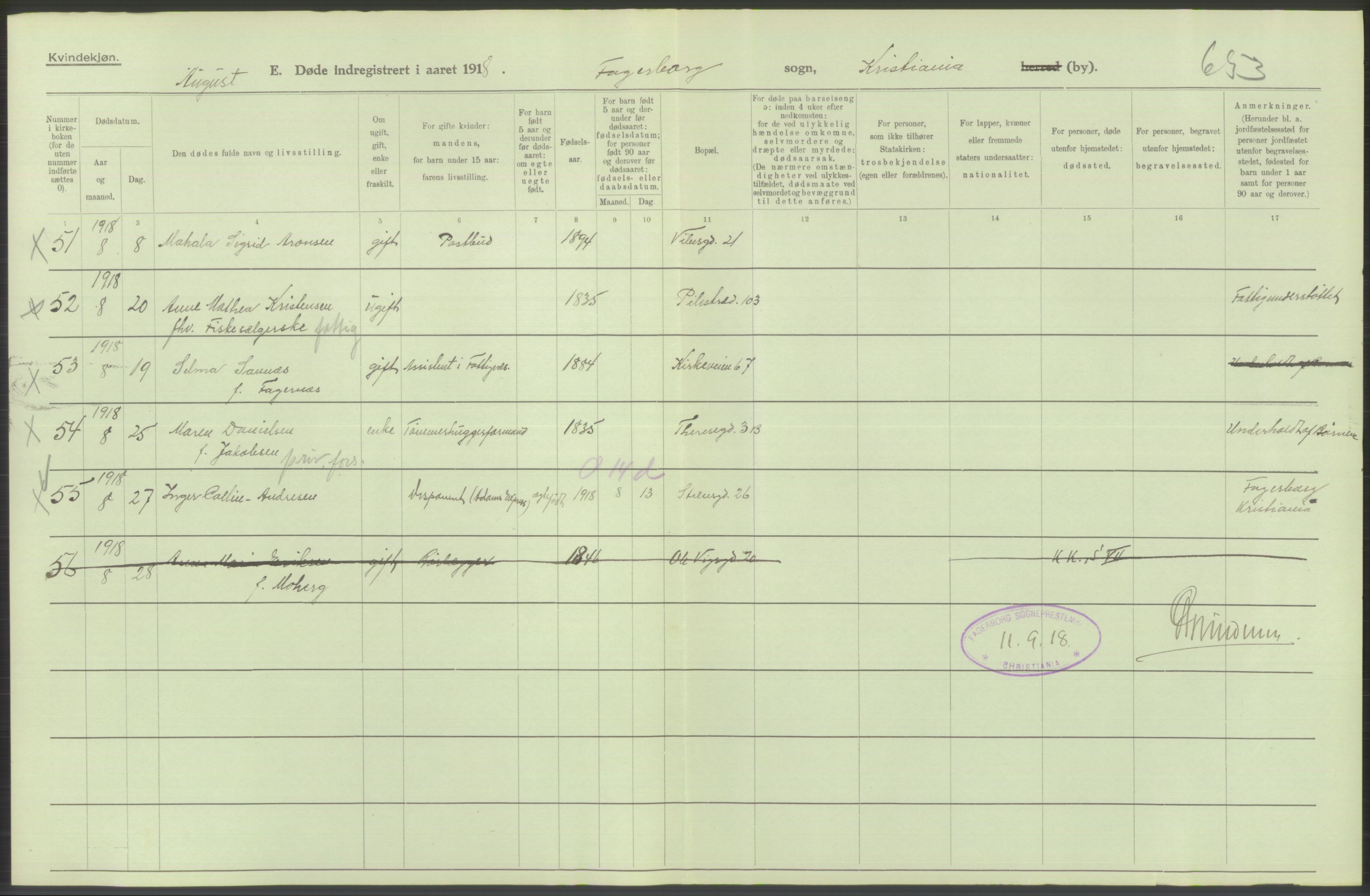 Statistisk sentralbyrå, Sosiodemografiske emner, Befolkning, RA/S-2228/D/Df/Dfb/Dfbh/L0010: Kristiania: Døde, 1918, s. 288