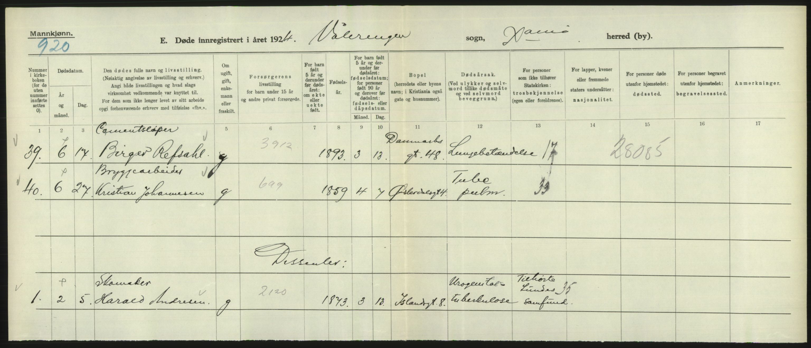 Statistisk sentralbyrå, Sosiodemografiske emner, Befolkning, AV/RA-S-2228/D/Df/Dfc/Dfcd/L0008: Kristiania: Døde menn, 1924, s. 340