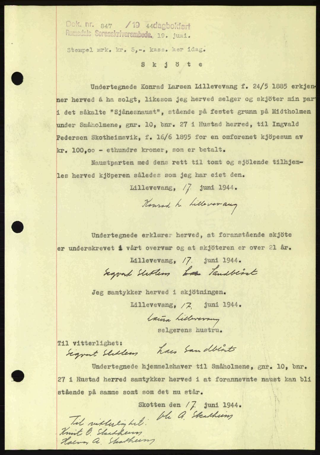 Romsdal sorenskriveri, SAT/A-4149/1/2/2C: Pantebok nr. A16, 1944-1944, Dagboknr: 847/1944