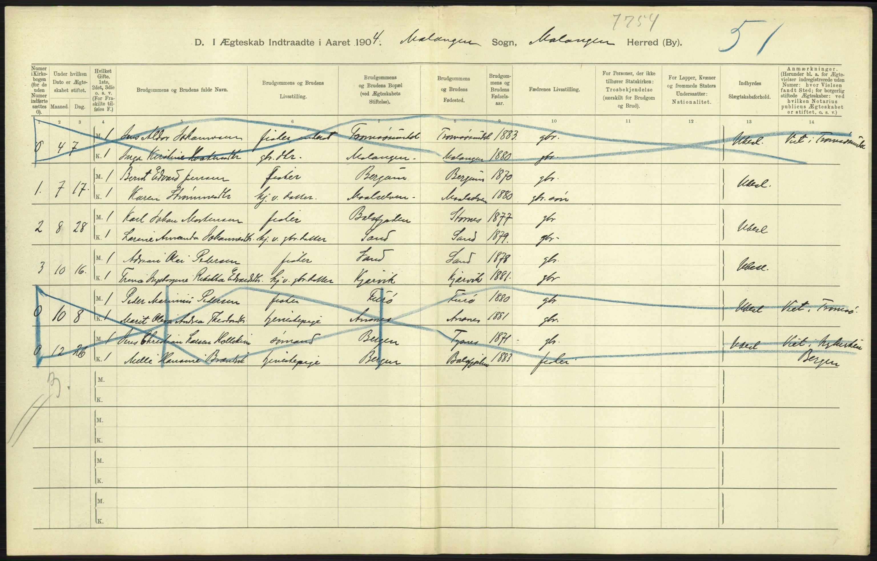 Statistisk sentralbyrå, Sosiodemografiske emner, Befolkning, AV/RA-S-2228/D/Df/Dfa/Dfab/L0022: Tromsø amt: Fødte, gifte, døde, 1904, s. 313