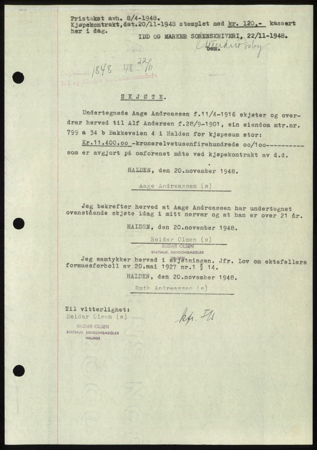 Idd og Marker sorenskriveri, SAO/A-10283/G/Gb/Gbb/L0011: Pantebok nr. A11, 1948-1949, Dagboknr: 1848/1948