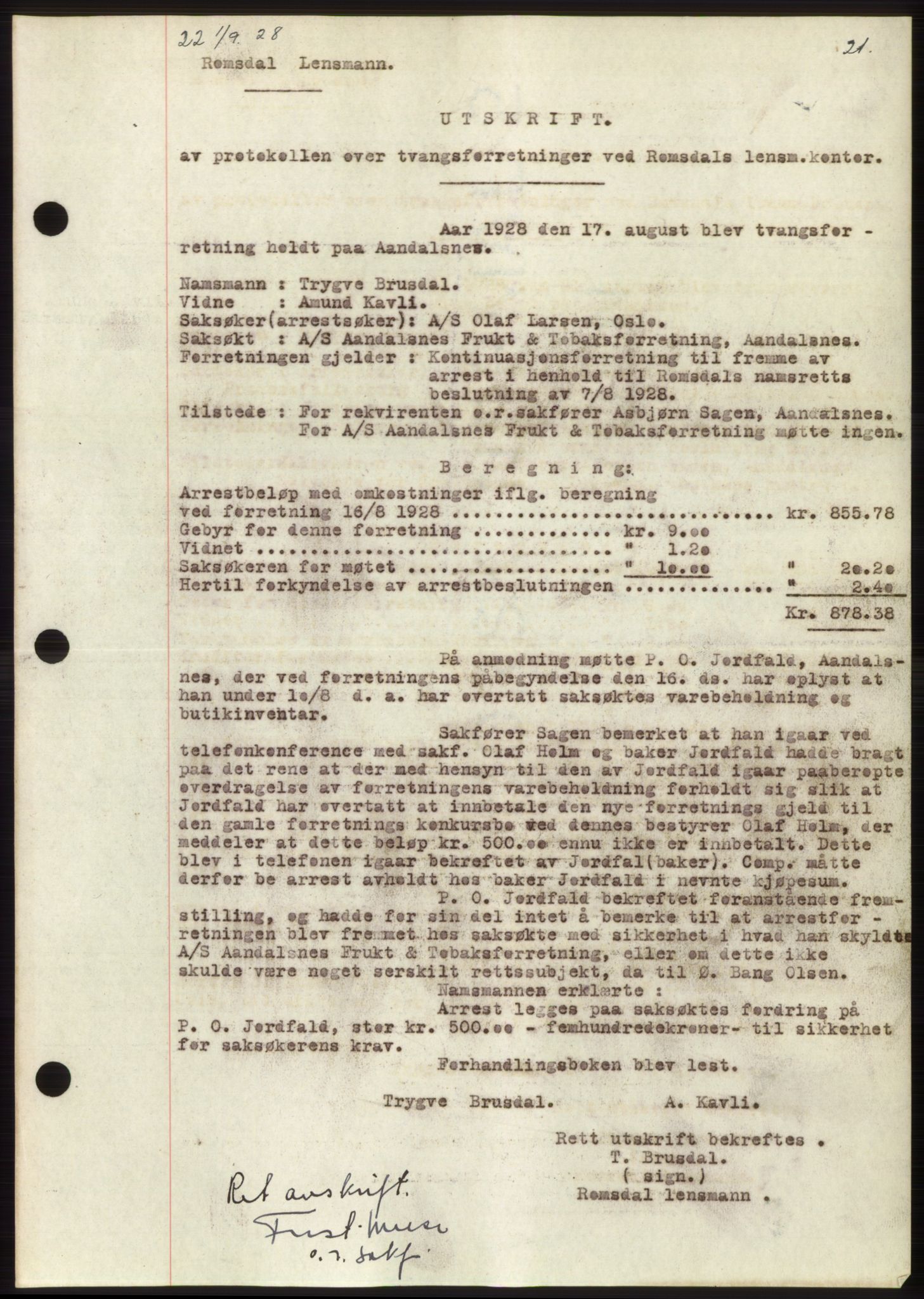 Romsdal sorenskriveri, SAT/A-4149/1/2/2C/L0055: Pantebok nr. 49, 1928-1929, Tingl.dato: 01.09.1928