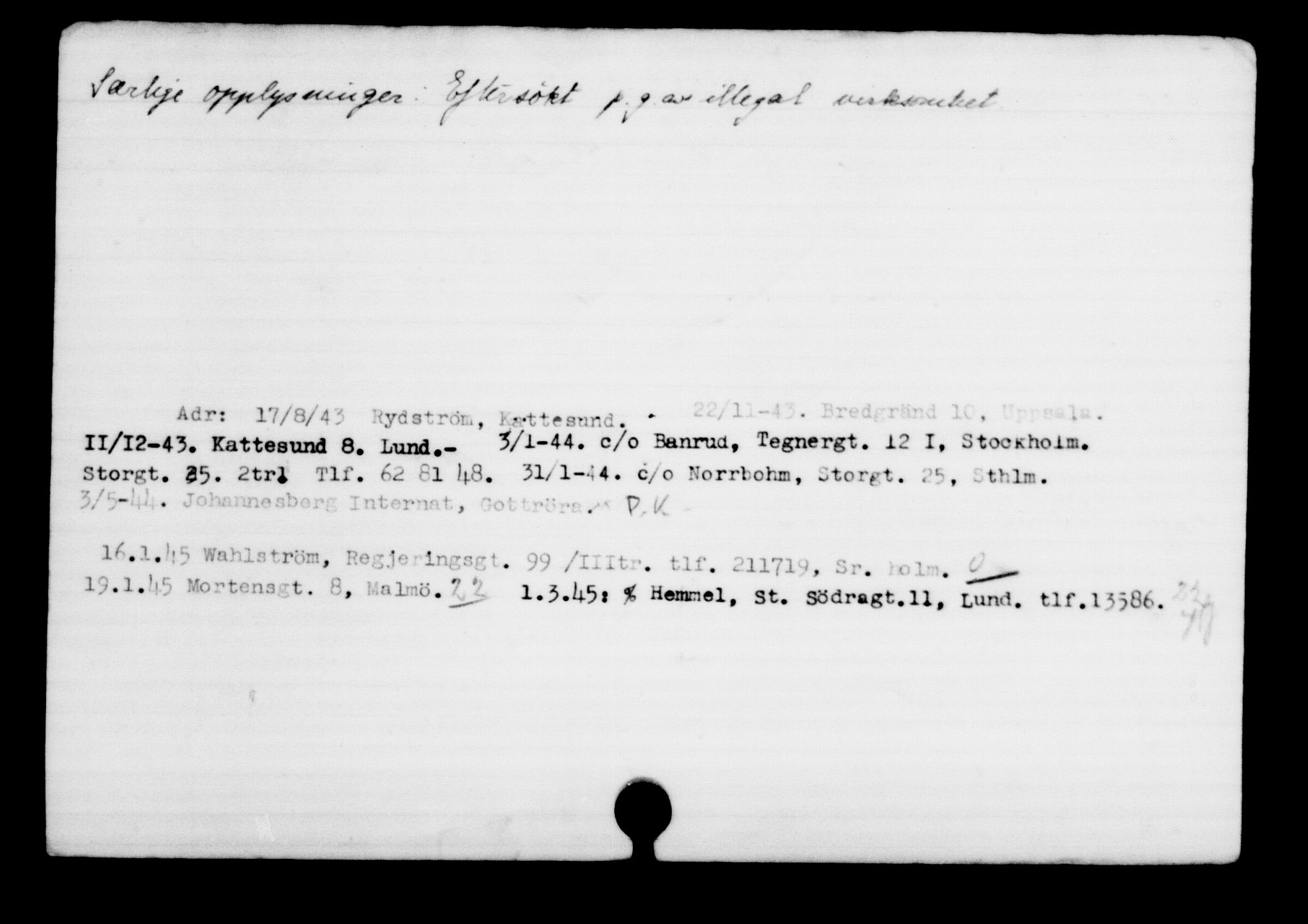 Utenriksstasjonene, Legasjonen i Stockholm, Flyktningkontoret, AV/RA-S-6753/V/Va/L0001: Kjesäterkartoteket, flyktninger med registreringsnr. 1-1000, 1940-1945, s. 1248