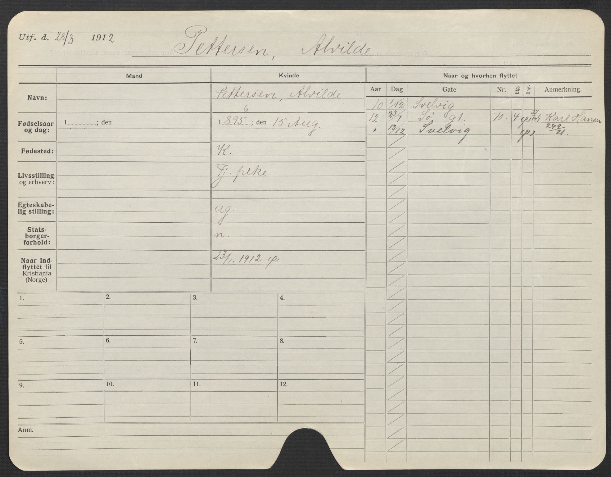 Oslo folkeregister, Registerkort, AV/SAO-A-11715/F/Fa/Fac/L0022: Kvinner, 1906-1914, s. 905a