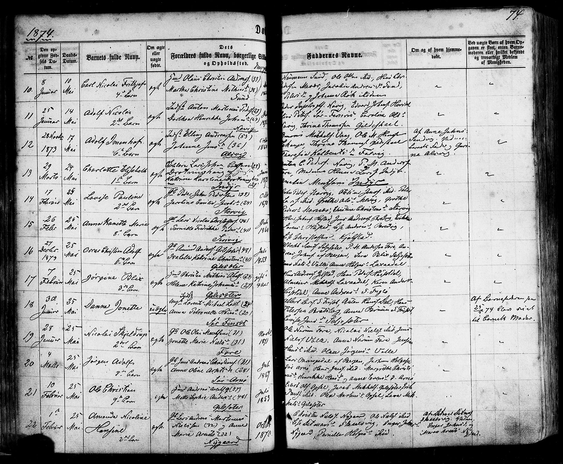 Ministerialprotokoller, klokkerbøker og fødselsregistre - Nordland, AV/SAT-A-1459/805/L0098: Ministerialbok nr. 805A05, 1862-1879, s. 74