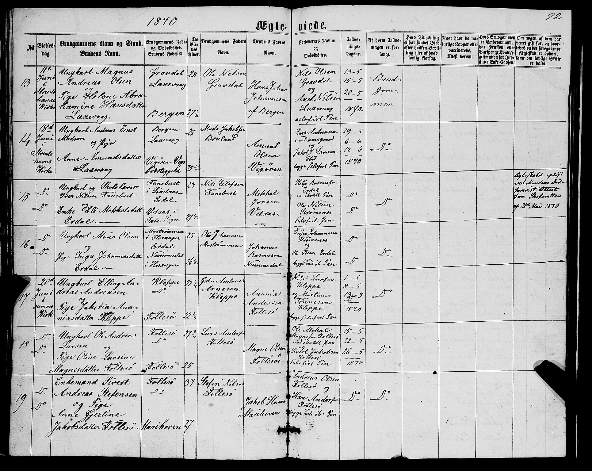 Askøy Sokneprestembete, AV/SAB-A-74101/H/Ha/Hab/Haba/L0006: Klokkerbok nr. A 6, 1861-1881, s. 92