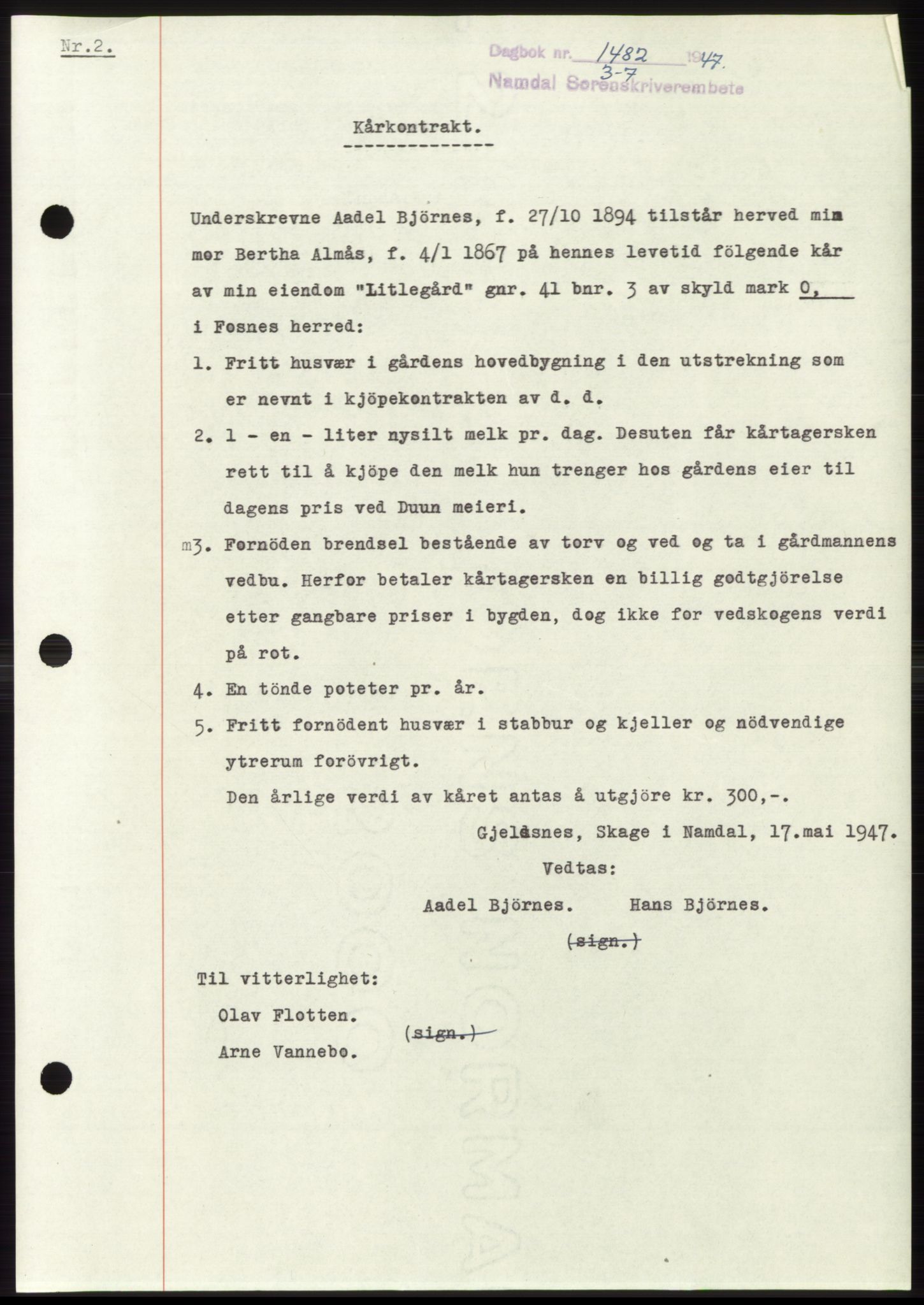 Namdal sorenskriveri, SAT/A-4133/1/2/2C: Pantebok nr. -, 1947-1947, Dagboknr: 1482/1947