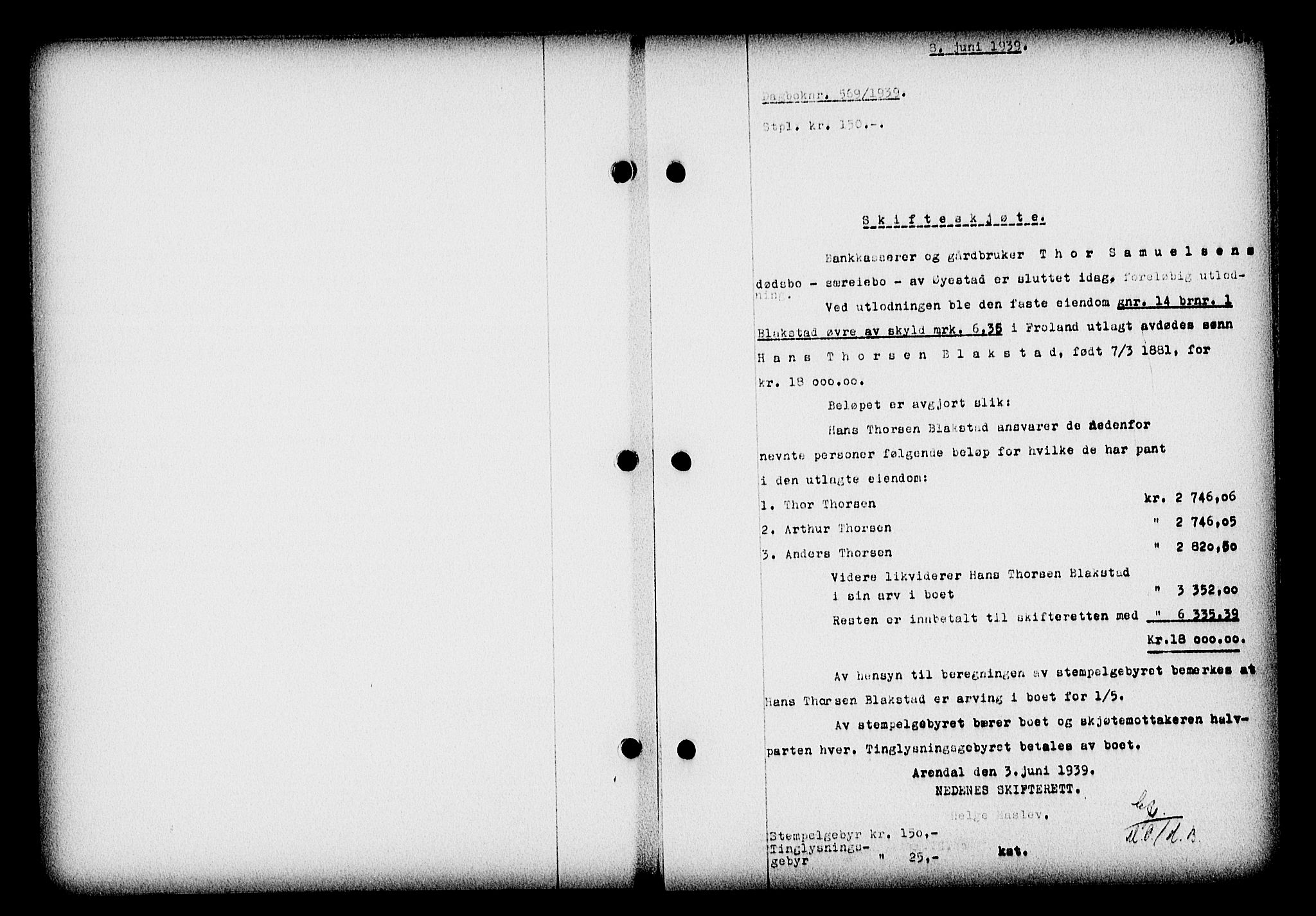 Nedenes sorenskriveri, SAK/1221-0006/G/Gb/Gba/L0046: Pantebok nr. 42, 1938-1939, Dagboknr: 569/1939