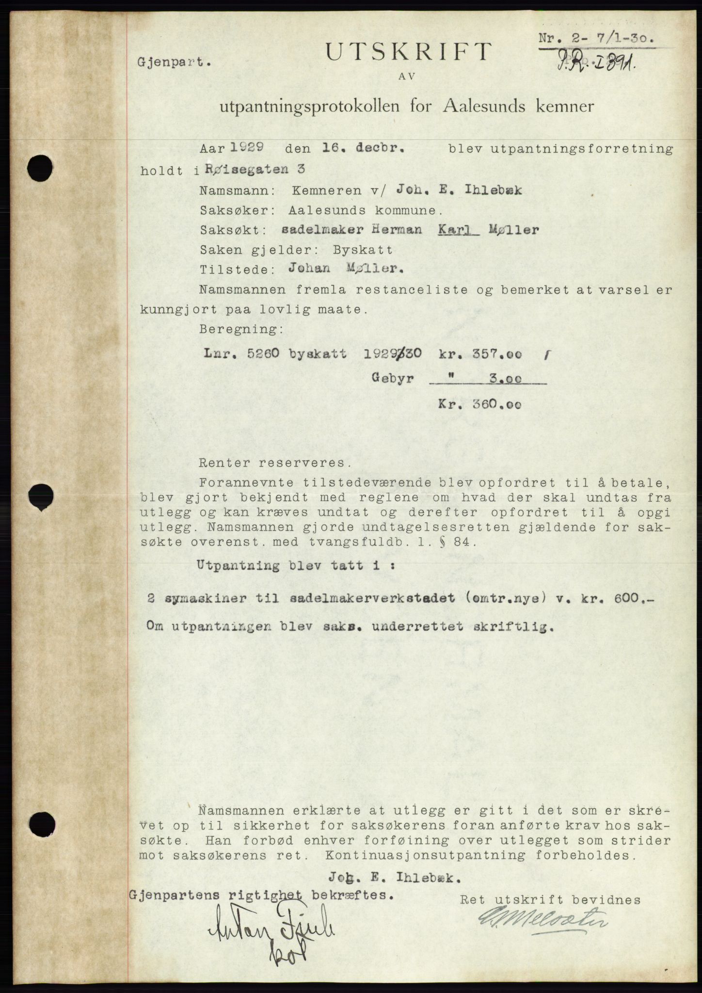 Ålesund byfogd, AV/SAT-A-4384: Pantebok nr. 26, 1930-1930, Tingl.dato: 07.01.1930