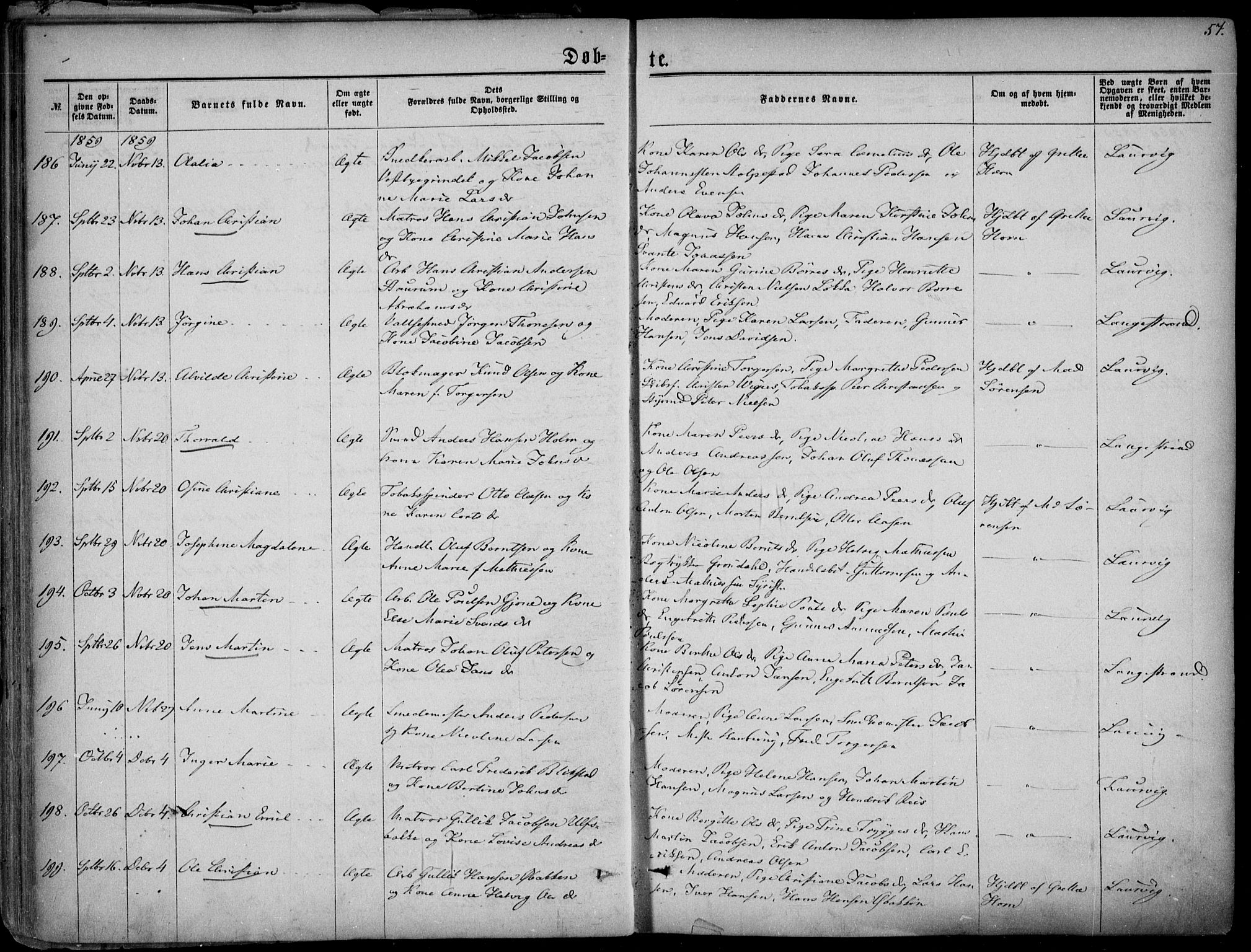 Larvik kirkebøker, AV/SAKO-A-352/F/Fa/L0004: Ministerialbok nr. I 4, 1856-1870, s. 57