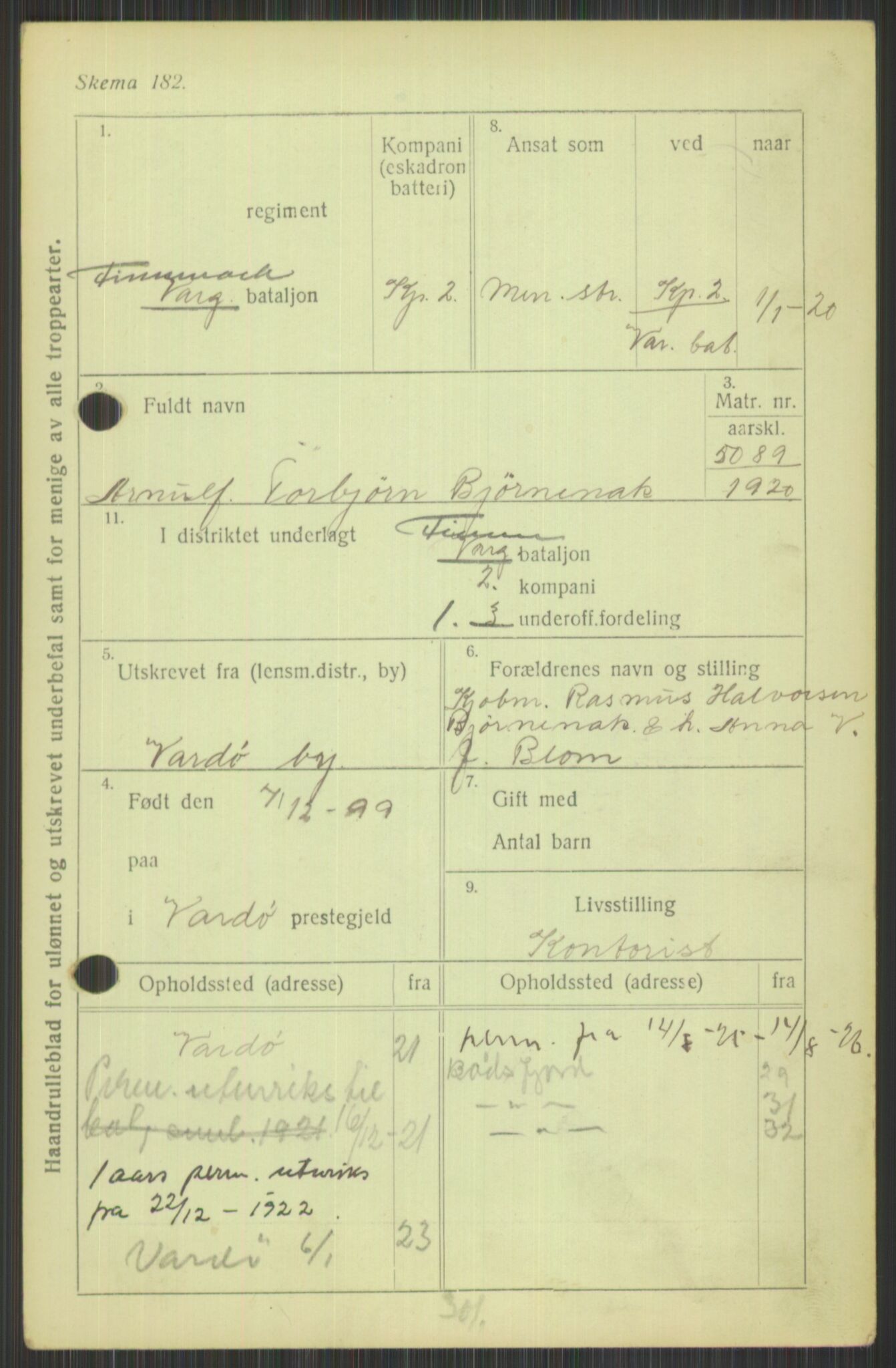 Forsvaret, Varanger bataljon, AV/RA-RAFA-2258/1/D/L0440: Rulleblad for fødte 1892-1912, 1892-1912, s. 365