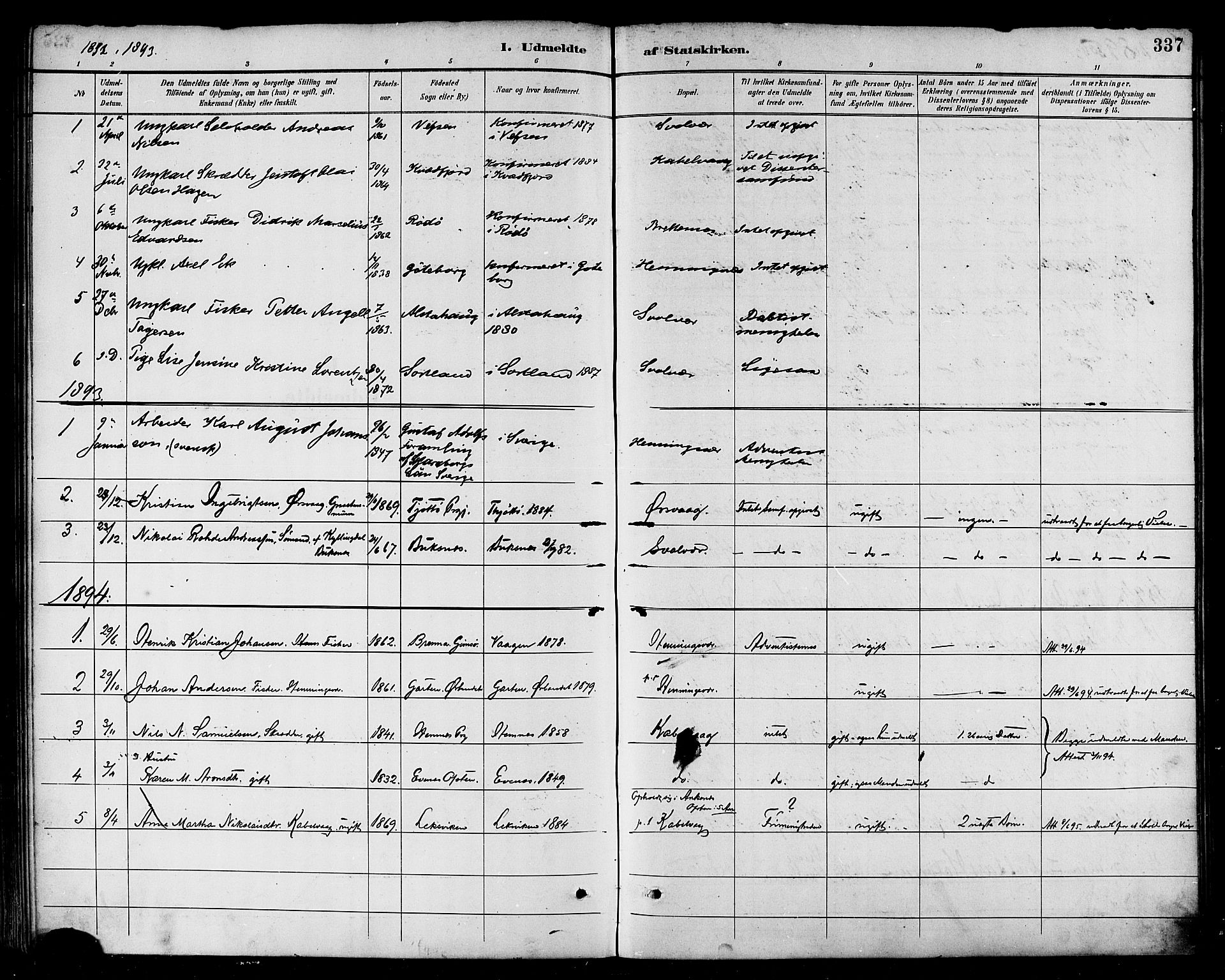 Ministerialprotokoller, klokkerbøker og fødselsregistre - Nordland, AV/SAT-A-1459/874/L1060: Ministerialbok nr. 874A04, 1890-1899, s. 337