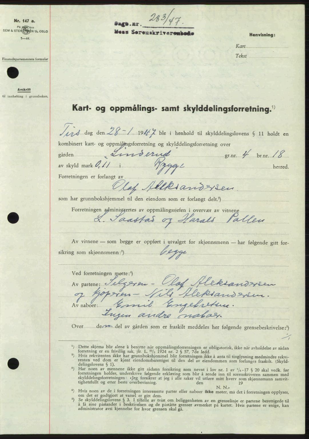 Moss sorenskriveri, SAO/A-10168: Pantebok nr. A17, 1947-1947, Dagboknr: 283/1947