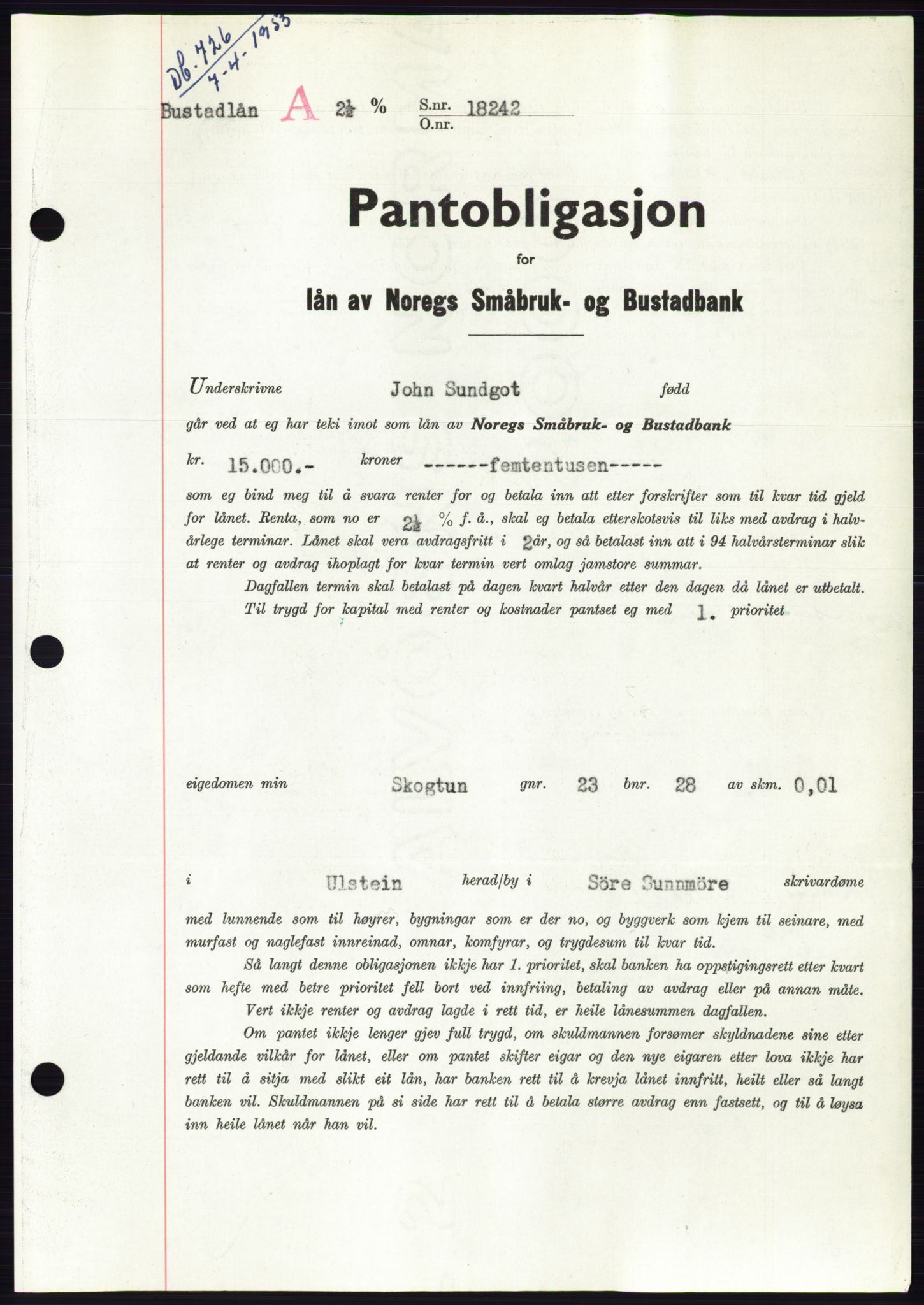 Søre Sunnmøre sorenskriveri, SAT/A-4122/1/2/2C/L0123: Pantebok nr. 11B, 1953-1953, Dagboknr: 726/1953