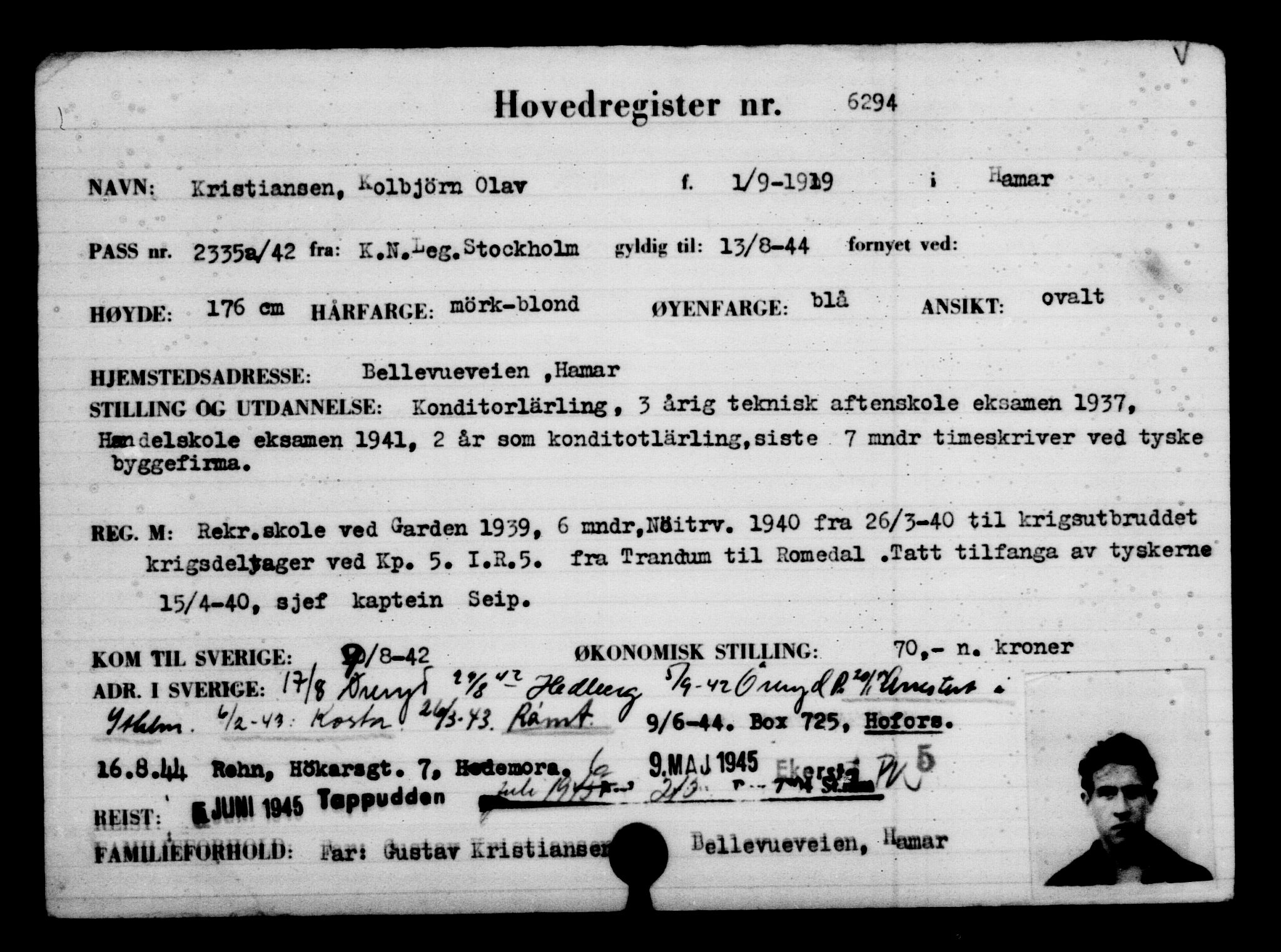 Utenriksstasjonene, Legasjonen i Stockholm, Flyktningkontoret, AV/RA-S-6753/V/Va/L0004: Kjesäterkartoteket, flyktninger med registreringsnr. 3496-6610, 1940-1945, s. 3302