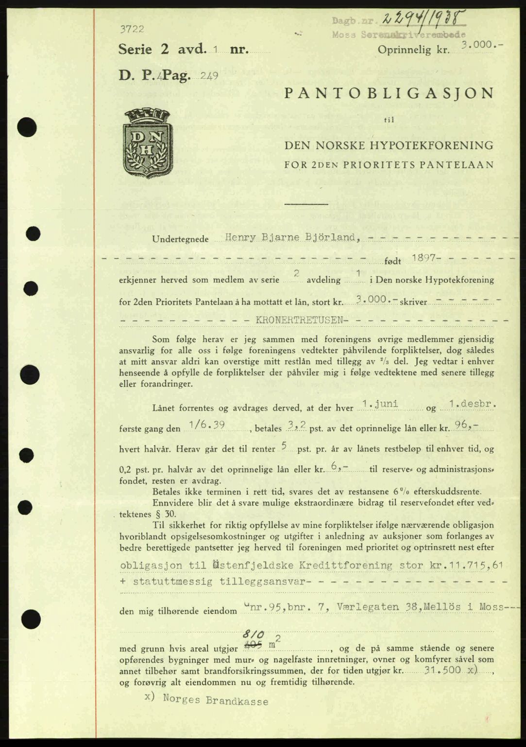 Moss sorenskriveri, SAO/A-10168: Pantebok nr. B6, 1938-1938, Dagboknr: 2294/1938