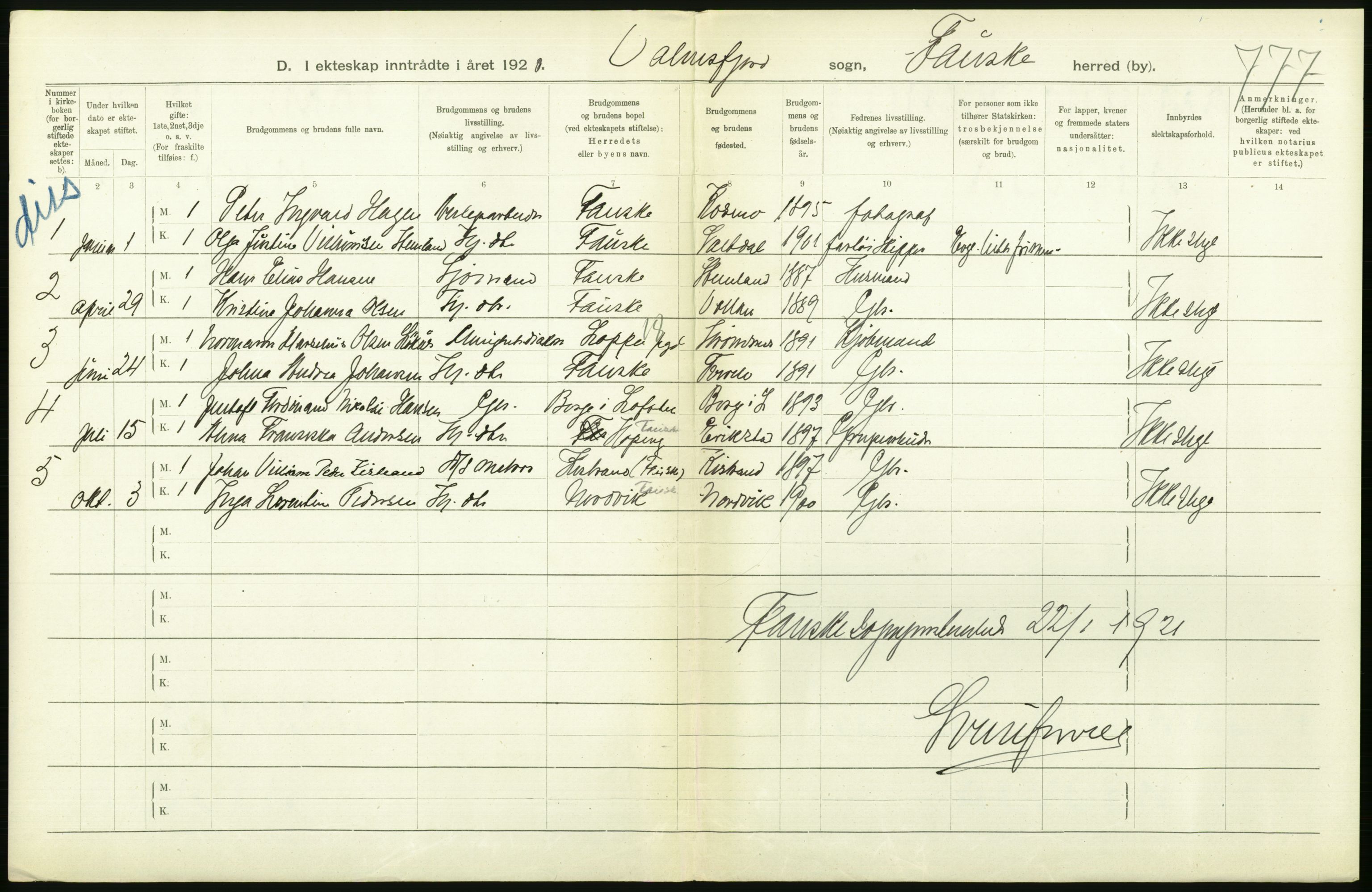 Statistisk sentralbyrå, Sosiodemografiske emner, Befolkning, RA/S-2228/D/Df/Dfb/Dfbj/L0057: Nordland fylke: Gifte, dødfødte. Bygder og byer., 1920, s. 158