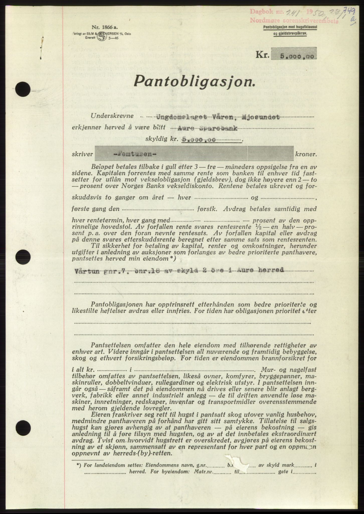 Nordmøre sorenskriveri, AV/SAT-A-4132/1/2/2Ca: Pantebok nr. B103, 1949-1950, Dagboknr: 241/1950