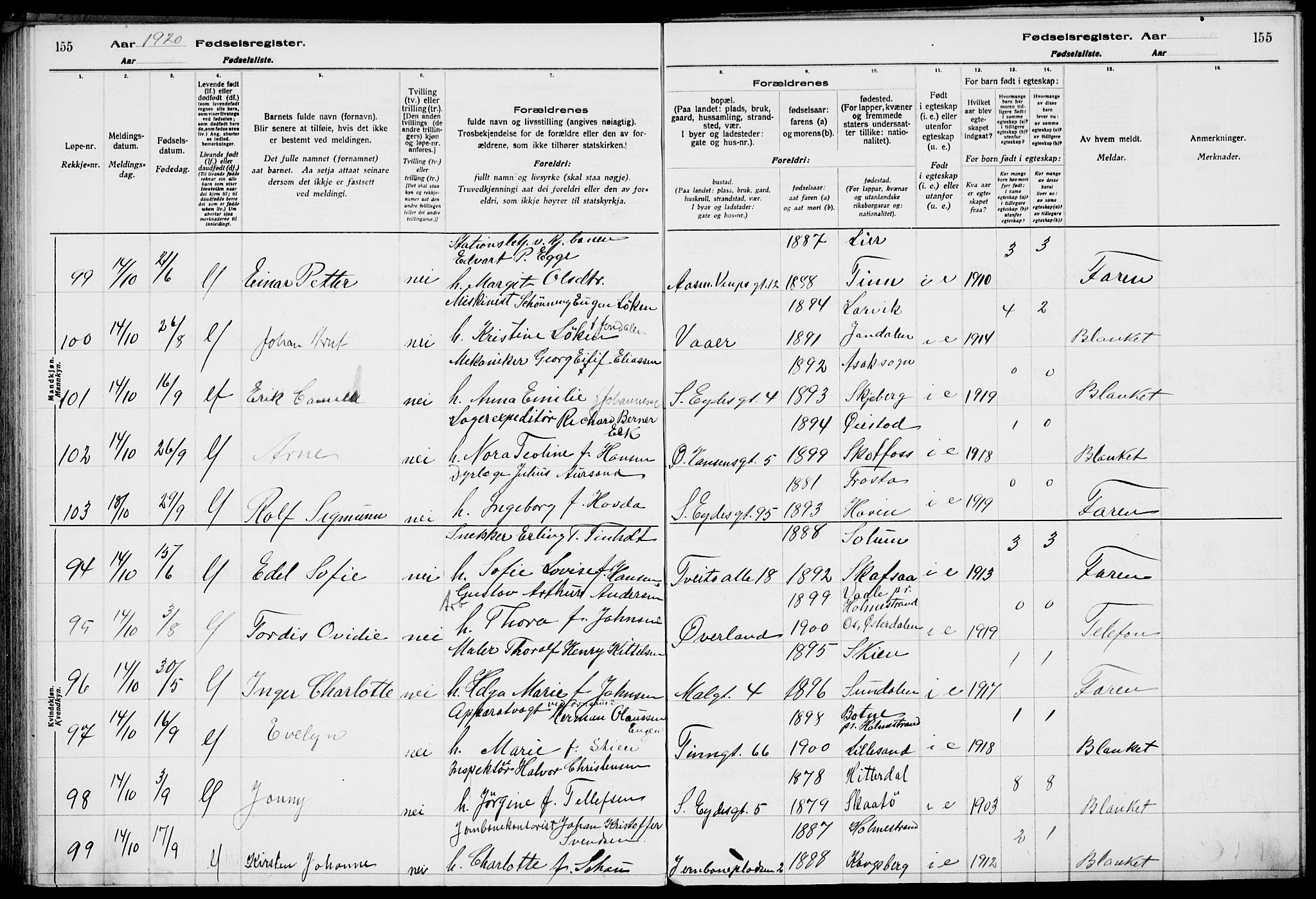 Rjukan kirkebøker, AV/SAKO-A-294/J/Ja/L0001: Fødselsregister nr. 1, 1916-1922, s. 155