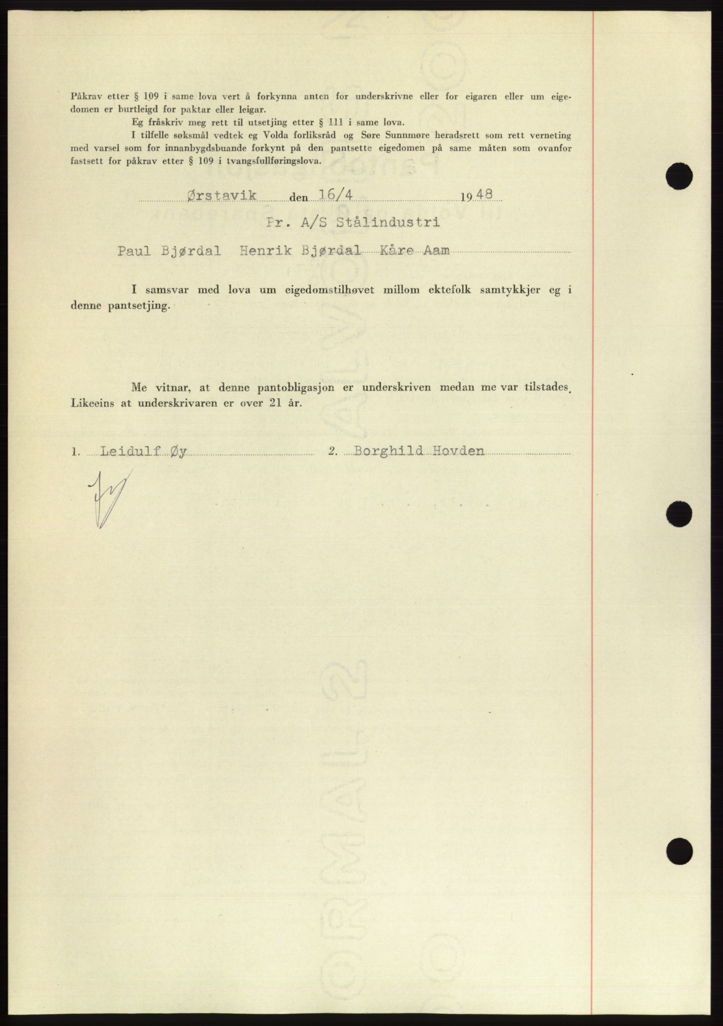 Søre Sunnmøre sorenskriveri, AV/SAT-A-4122/1/2/2C/L0115: Pantebok nr. 3B, 1947-1948, Dagboknr: 516/1948