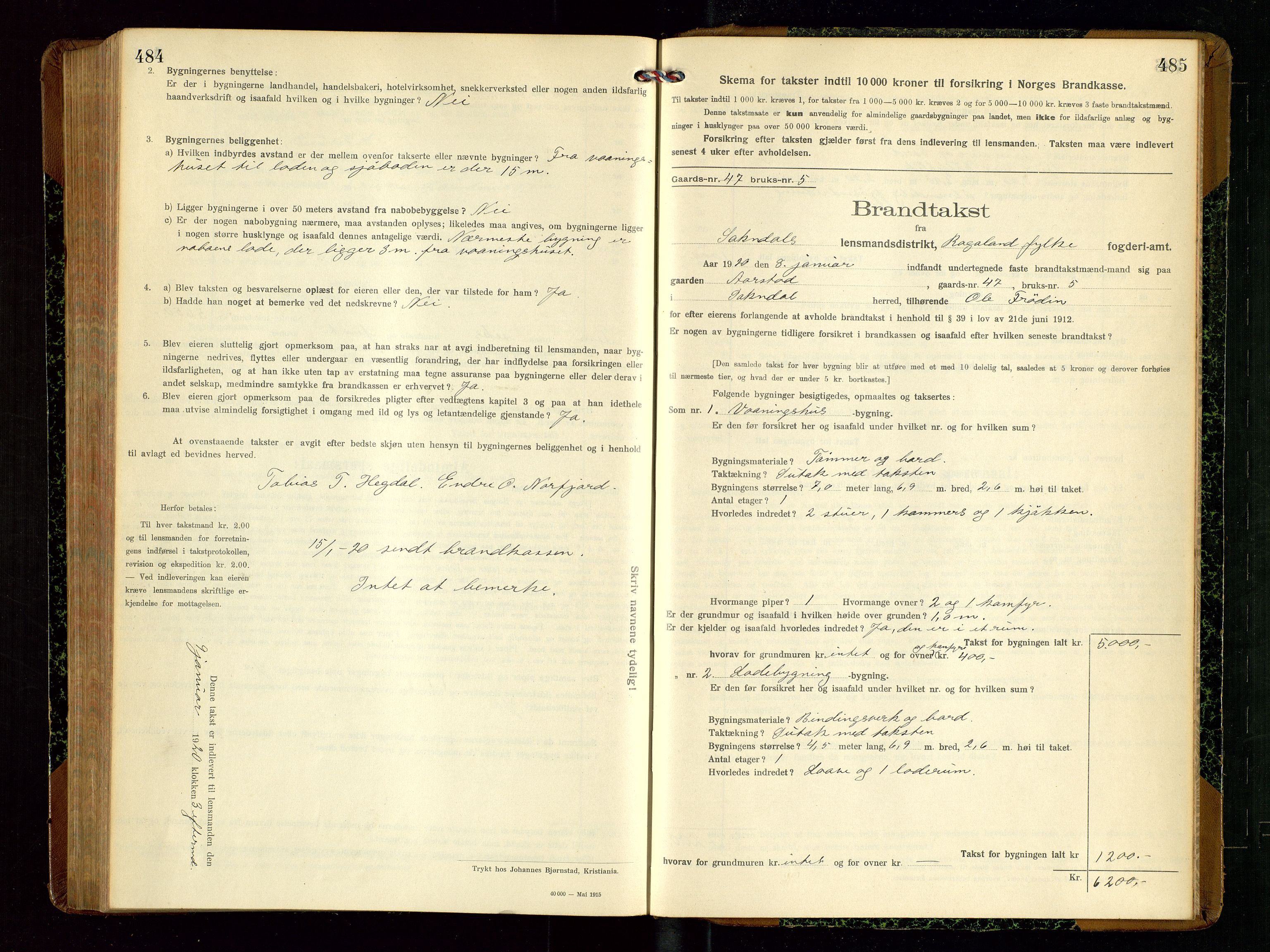 Sokndal lensmannskontor, SAST/A-100417/Gob/L0004: "Brandtakst-Protokol", 1917-1920, s. 484-485