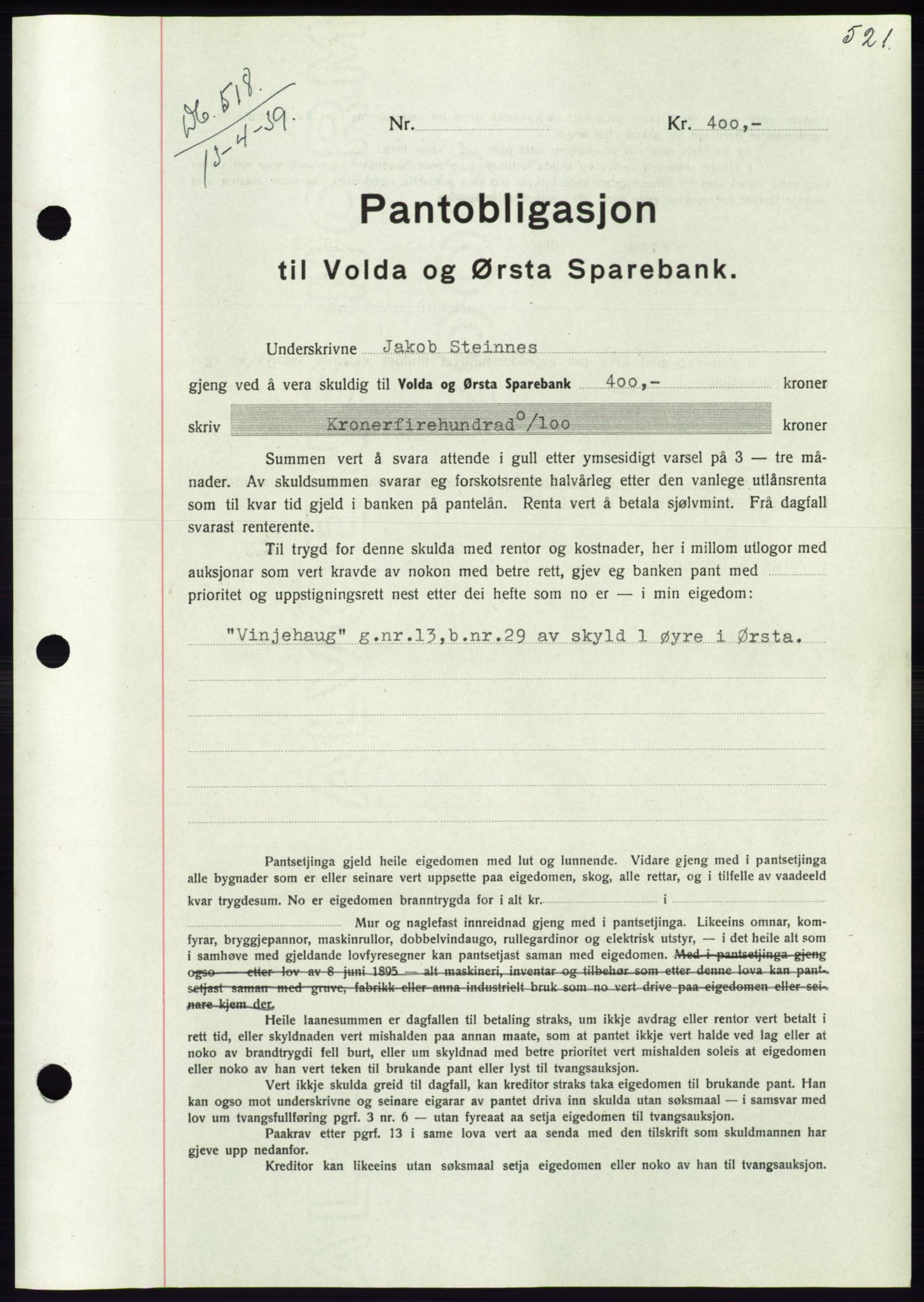 Søre Sunnmøre sorenskriveri, AV/SAT-A-4122/1/2/2C/L0067: Pantebok nr. 61, 1938-1939, Dagboknr: 518/1939