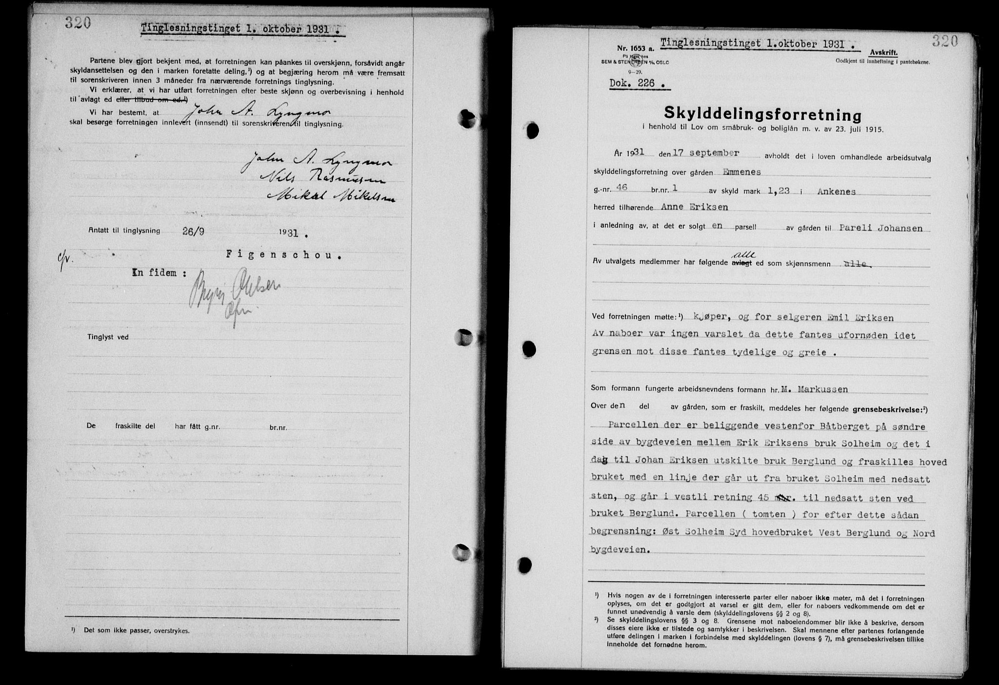 Steigen og Ofoten sorenskriveri, AV/SAT-A-0030/1/2/2C/L0019: Pantebok nr. 22, 1931-1931, Tingl.dato: 01.10.1931