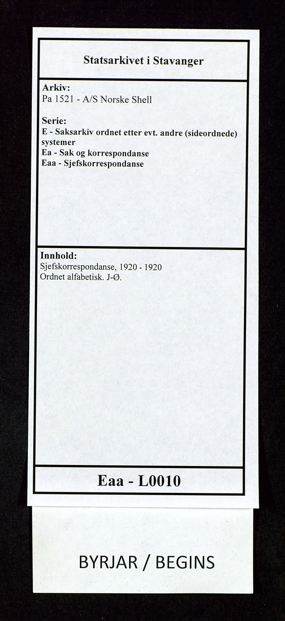 Pa 1521 - A/S Norske Shell, SAST/A-101915/E/Ea/Eaa/L0010: Sjefskorrespondanse, 1920, s. 1