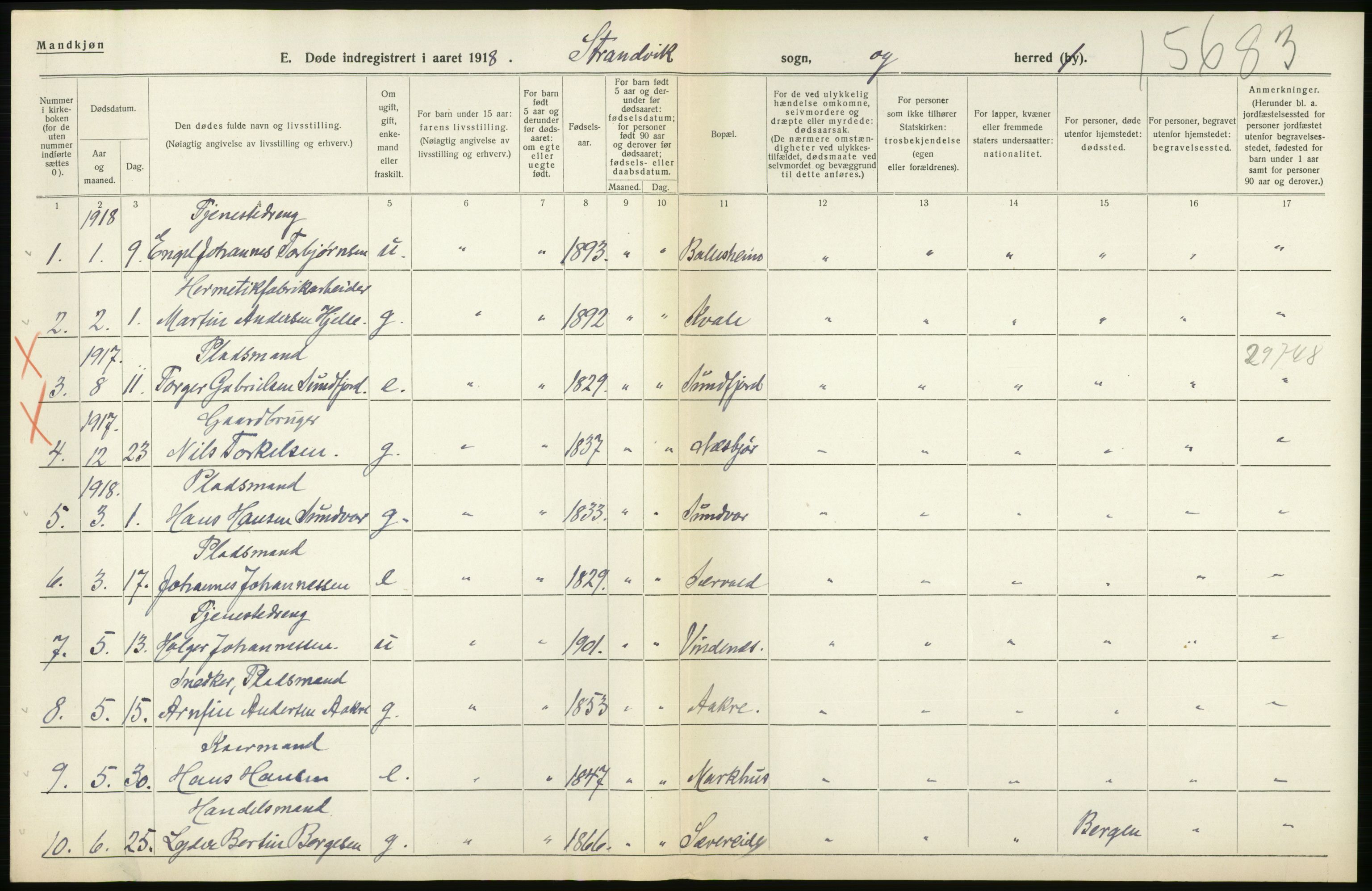 Statistisk sentralbyrå, Sosiodemografiske emner, Befolkning, AV/RA-S-2228/D/Df/Dfb/Dfbh/L0036: Hordaland fylke: Døde., 1918, s. 126