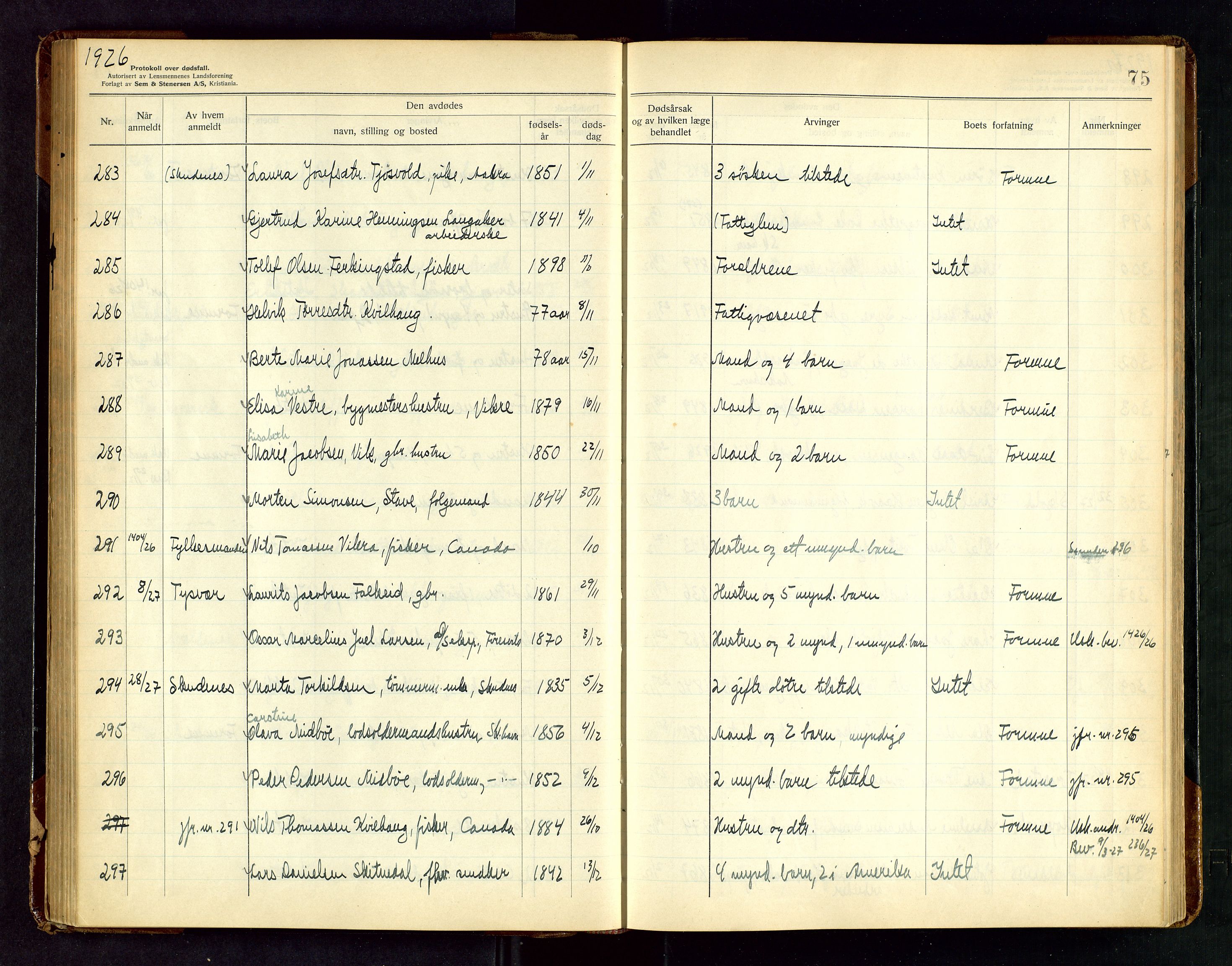 Karmsund sorenskriveri, AV/SAST-A-100311/01/IV/IVAB/L0005: DØDSFALLSPROTOKOLL, 1923-1933, s. 75