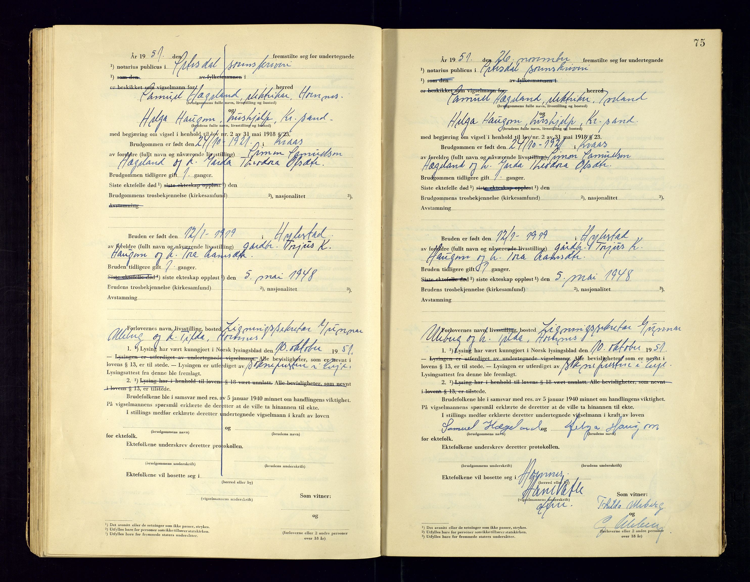 Setesdal  sorenskriveri - 2, AV/SAK-1221-0111/I/Ia/L0001/0002: Lysninger og vigsel / Vigselsbok, 1941-1962, s. 75