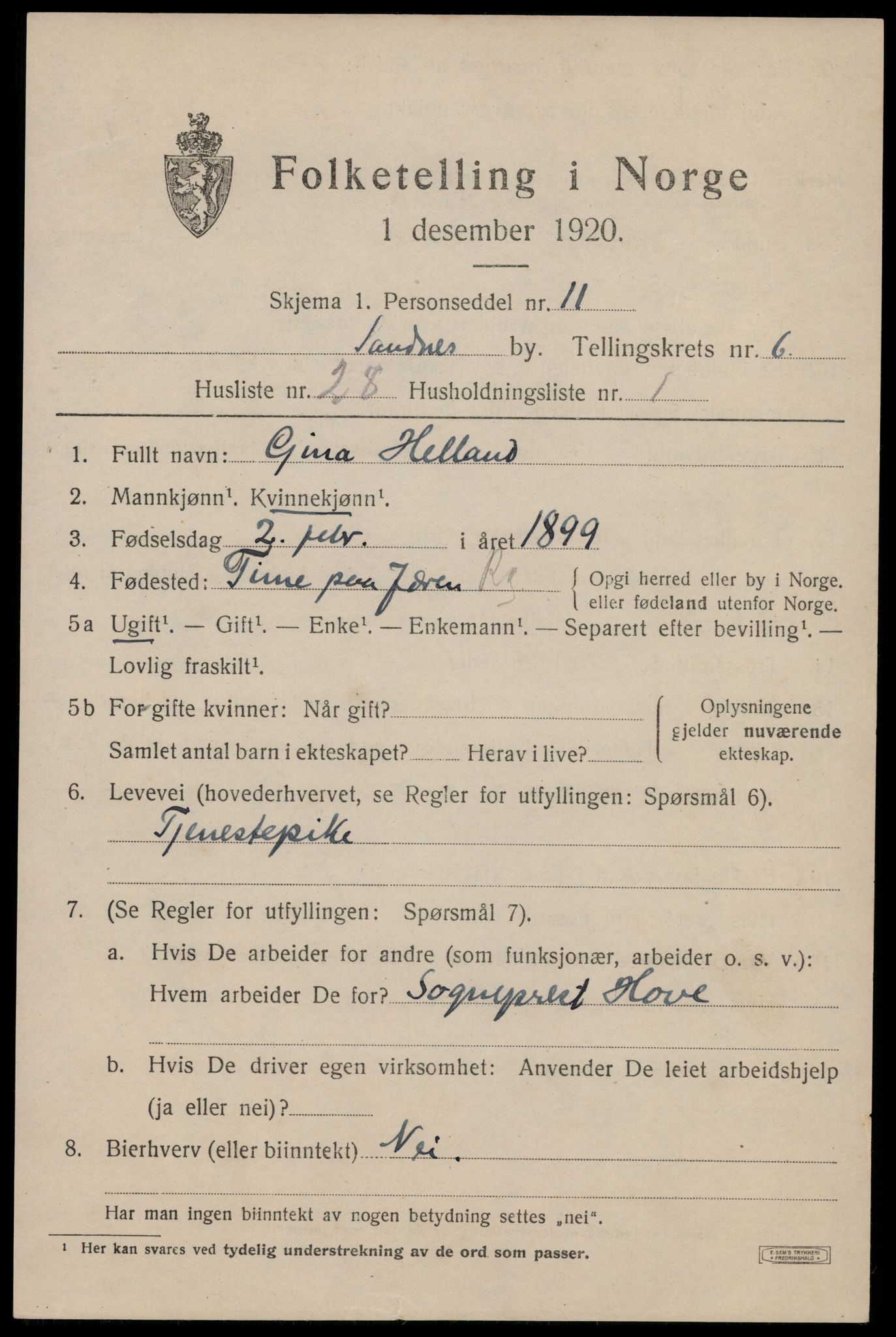 SAST, Folketelling 1920 for 1102 Sandnes ladested, 1920, s. 5420