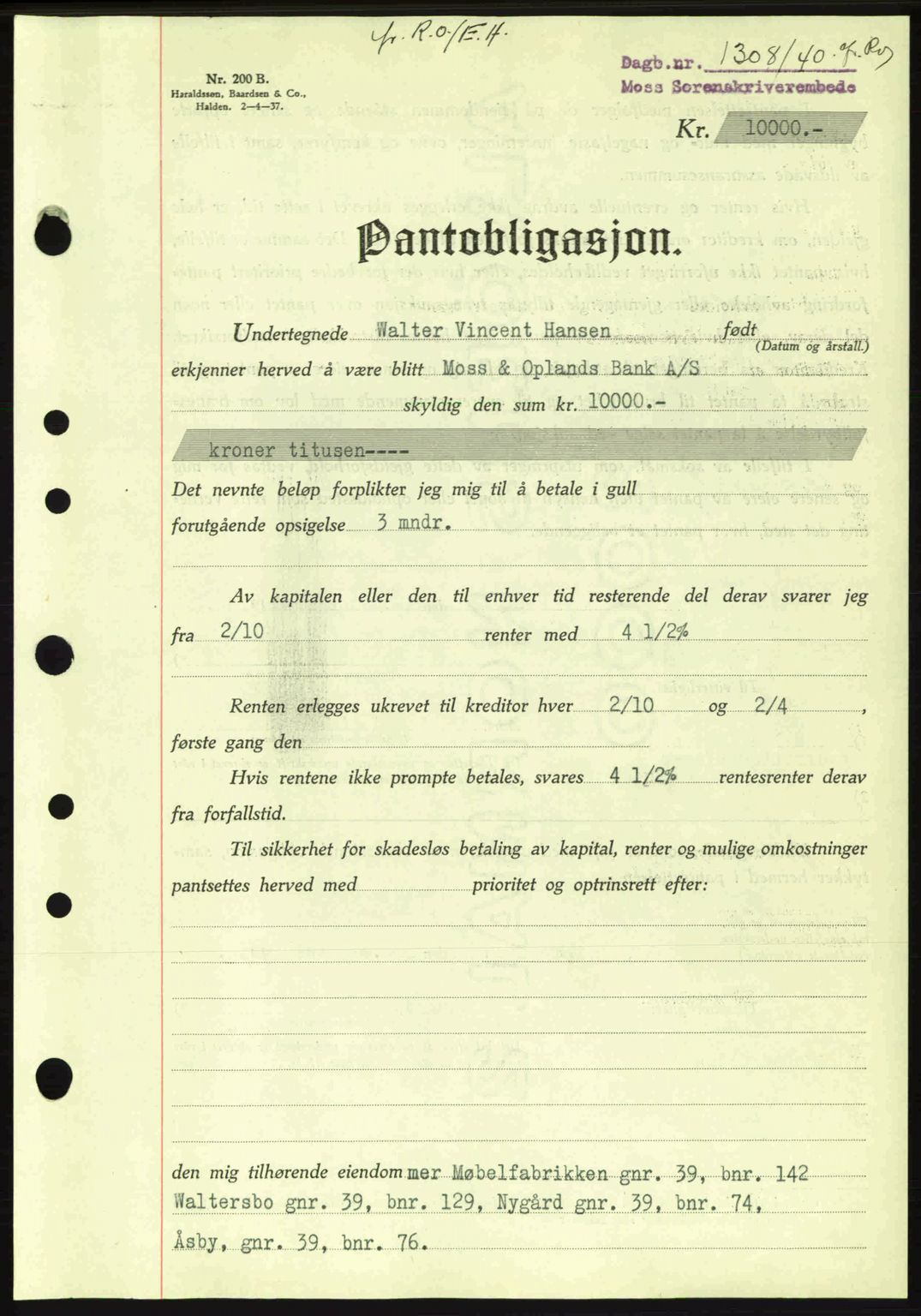 Moss sorenskriveri, SAO/A-10168: Pantebok nr. B10, 1940-1941, Dagboknr: 1308/1940