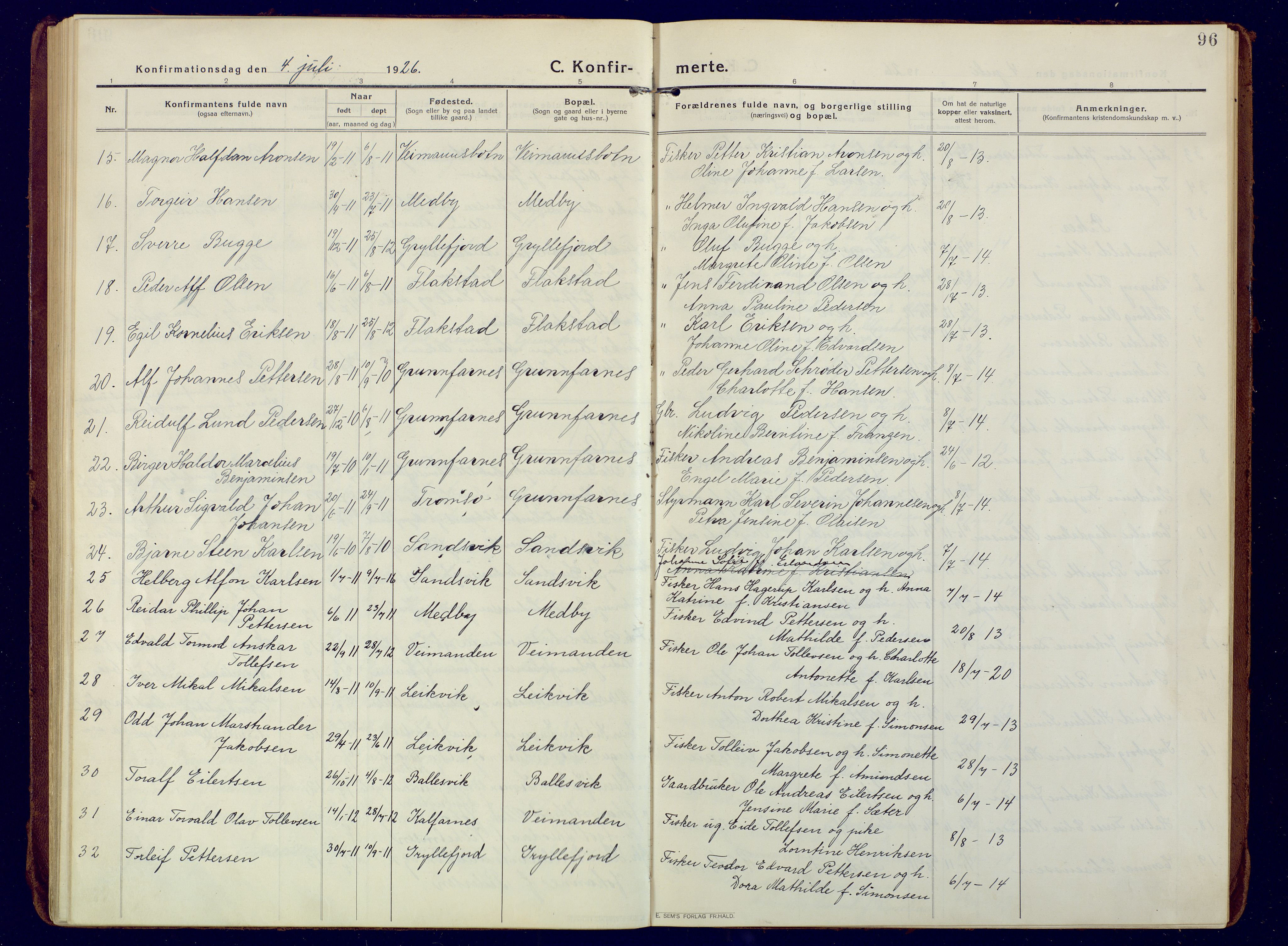 Berg sokneprestkontor, AV/SATØ-S-1318/G/Ga/Gaa/L0010kirke: Ministerialbok nr. 10, 1916-1928, s. 96